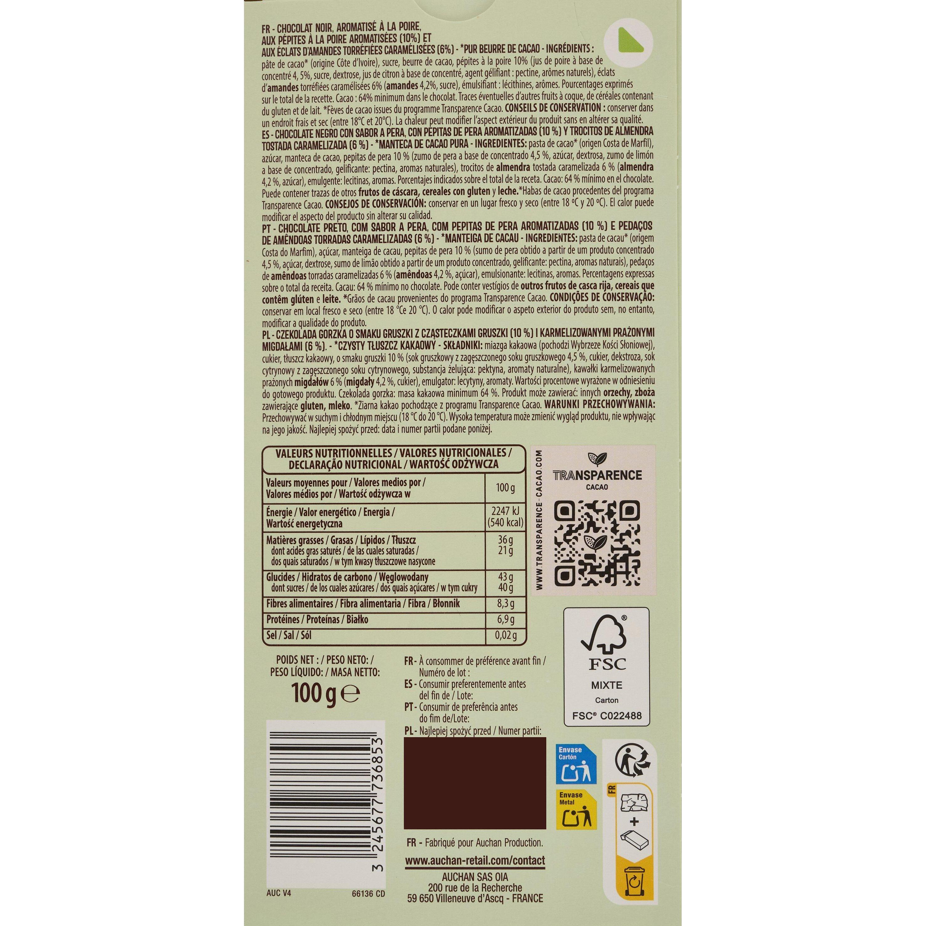 Voir la diapositive 3 : AUCHAN CULTIVONS LE BON Tablette de chocolat noir saveur poire et amandes 1 pièce 100g