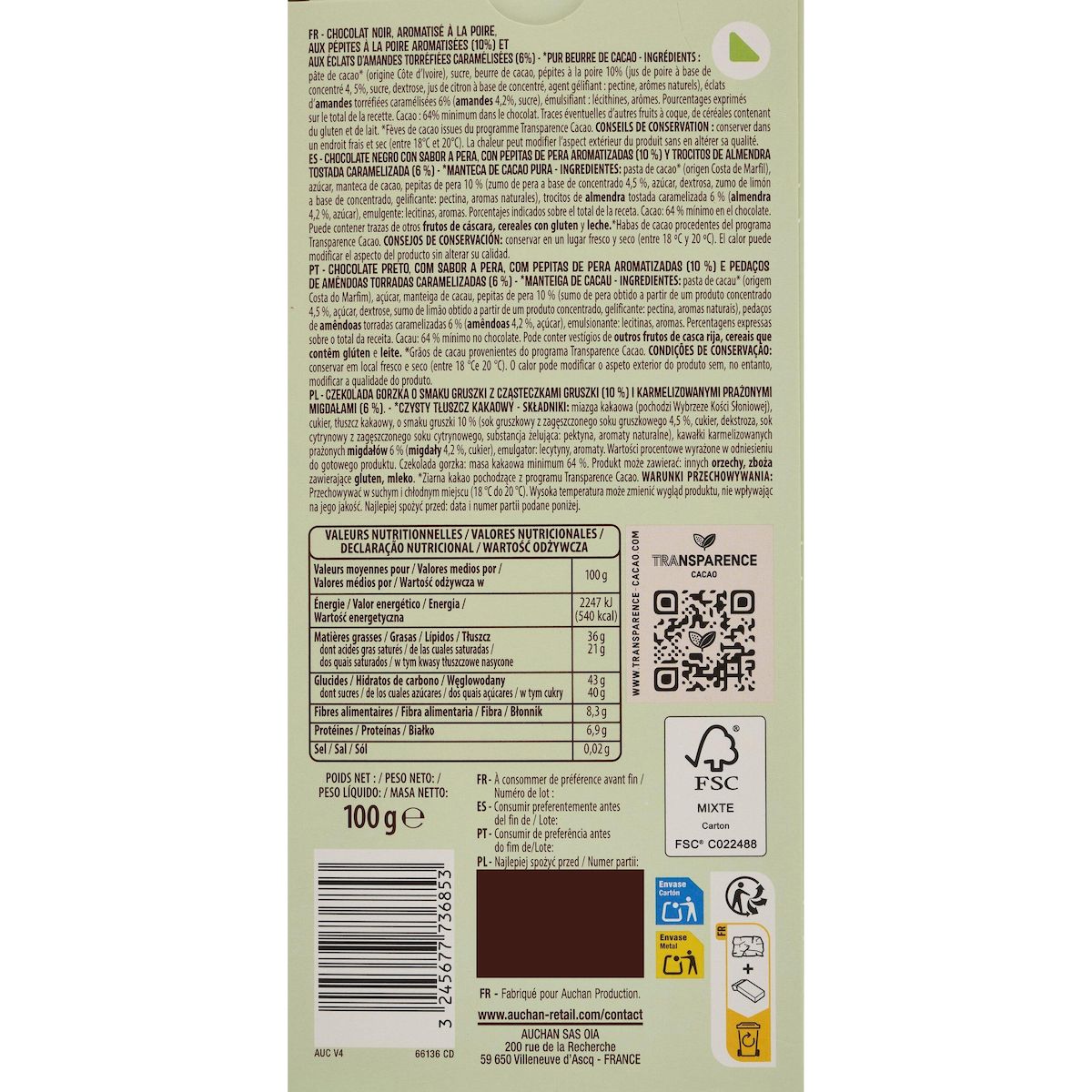AUCHAN CULTIVONS LE BON Tablette de chocolat noir saveur poire et amandes 1 pièce 100g