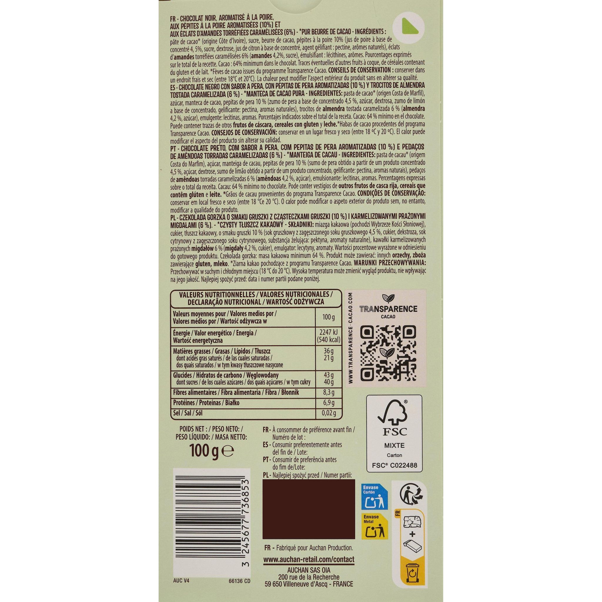 Voir la diapositive 3 : AUCHAN CULTIVONS LE BON Tablette de chocolat noir saveur poire et amandes 1 pièce 100g