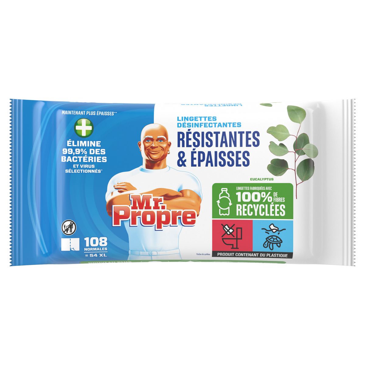 MR.PROPRE Lingettes désinfectantes résistantes et épaisses à l'eucalyptus 108 normales 54 lingettes XL