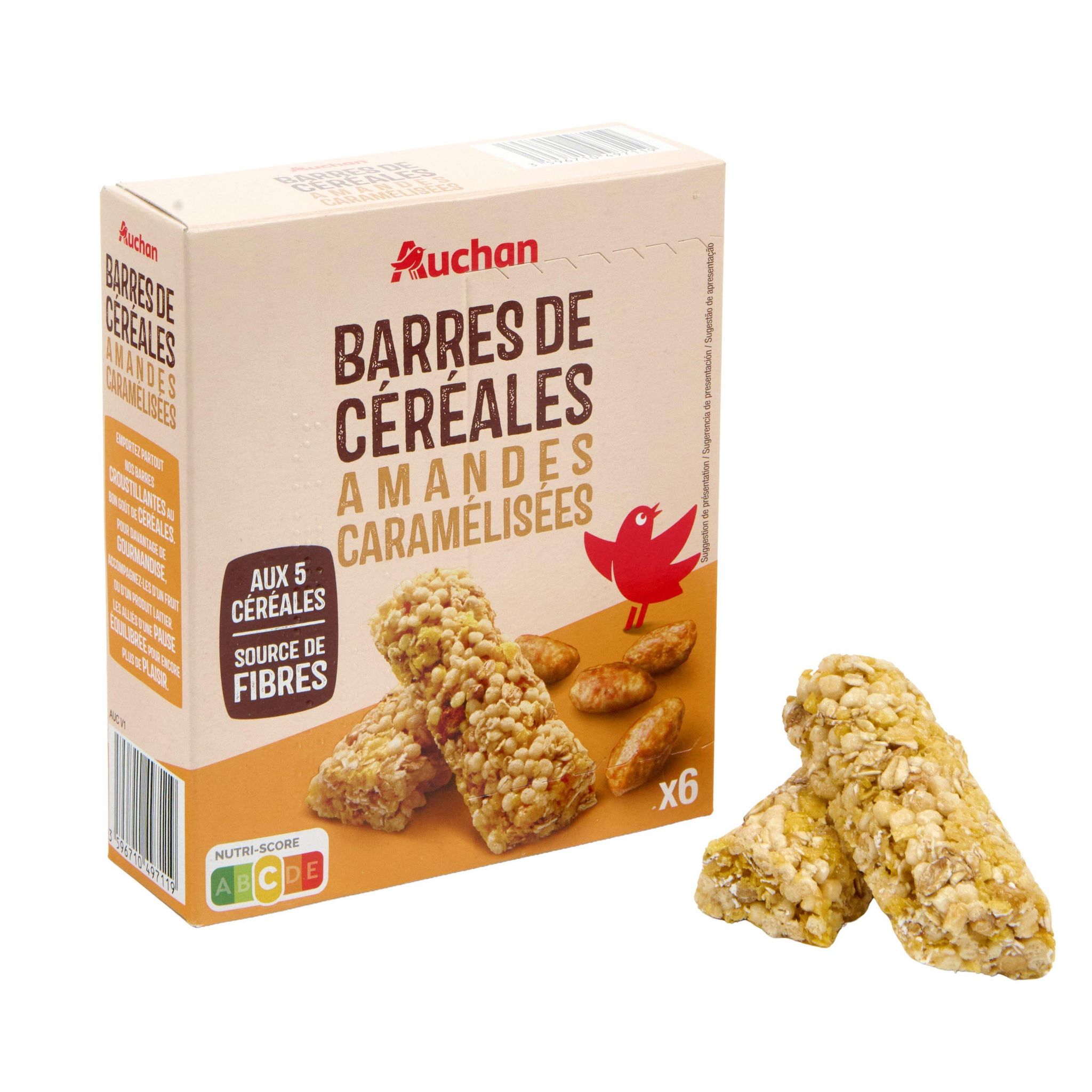 Voir la diapositive 2 : AUCHAN Crousti barres de céréales aux amandes caramélisées 6 barres 126g