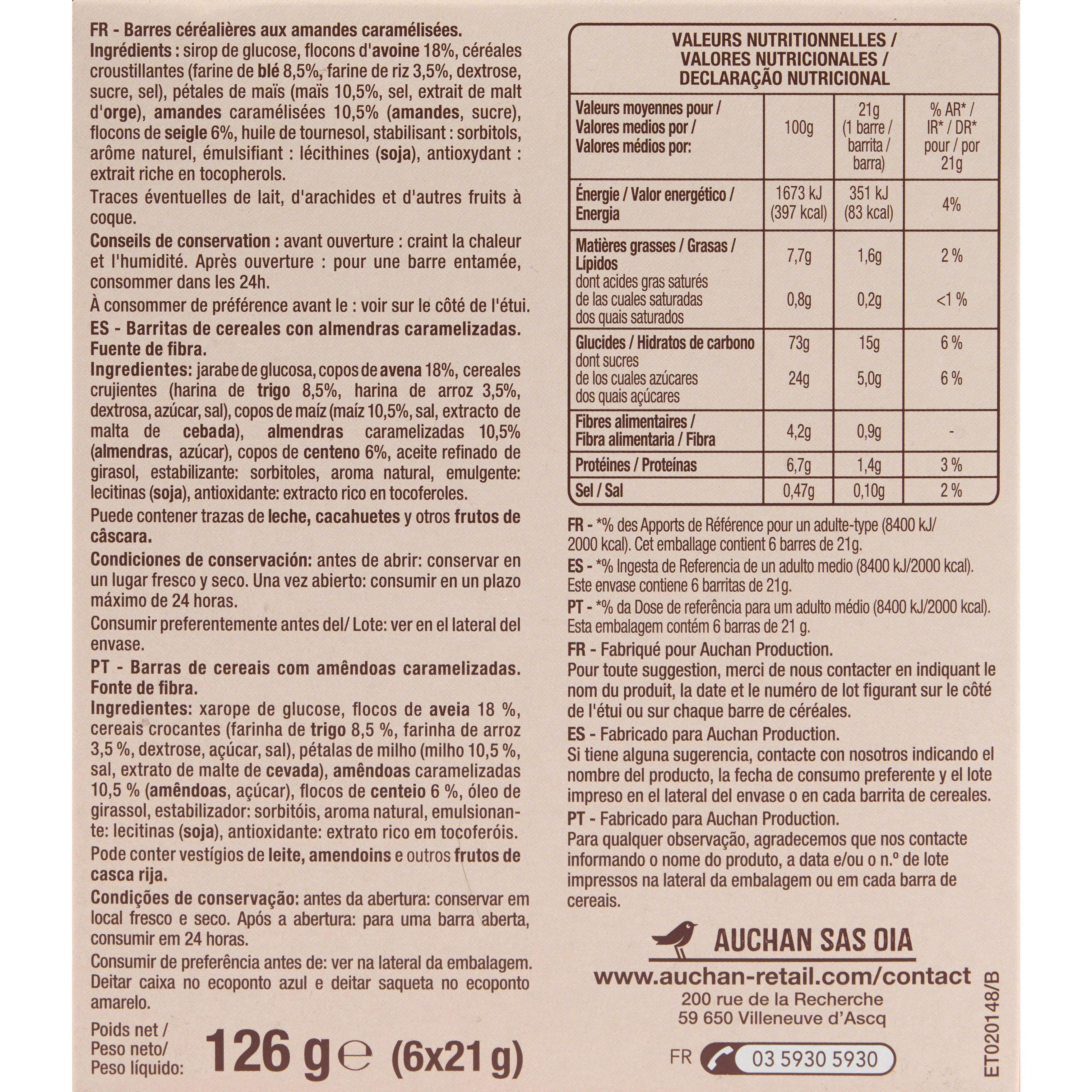 Voir la diapositive 3 : AUCHAN Crousti barres de céréales aux amandes caramélisées 6 barres 126g