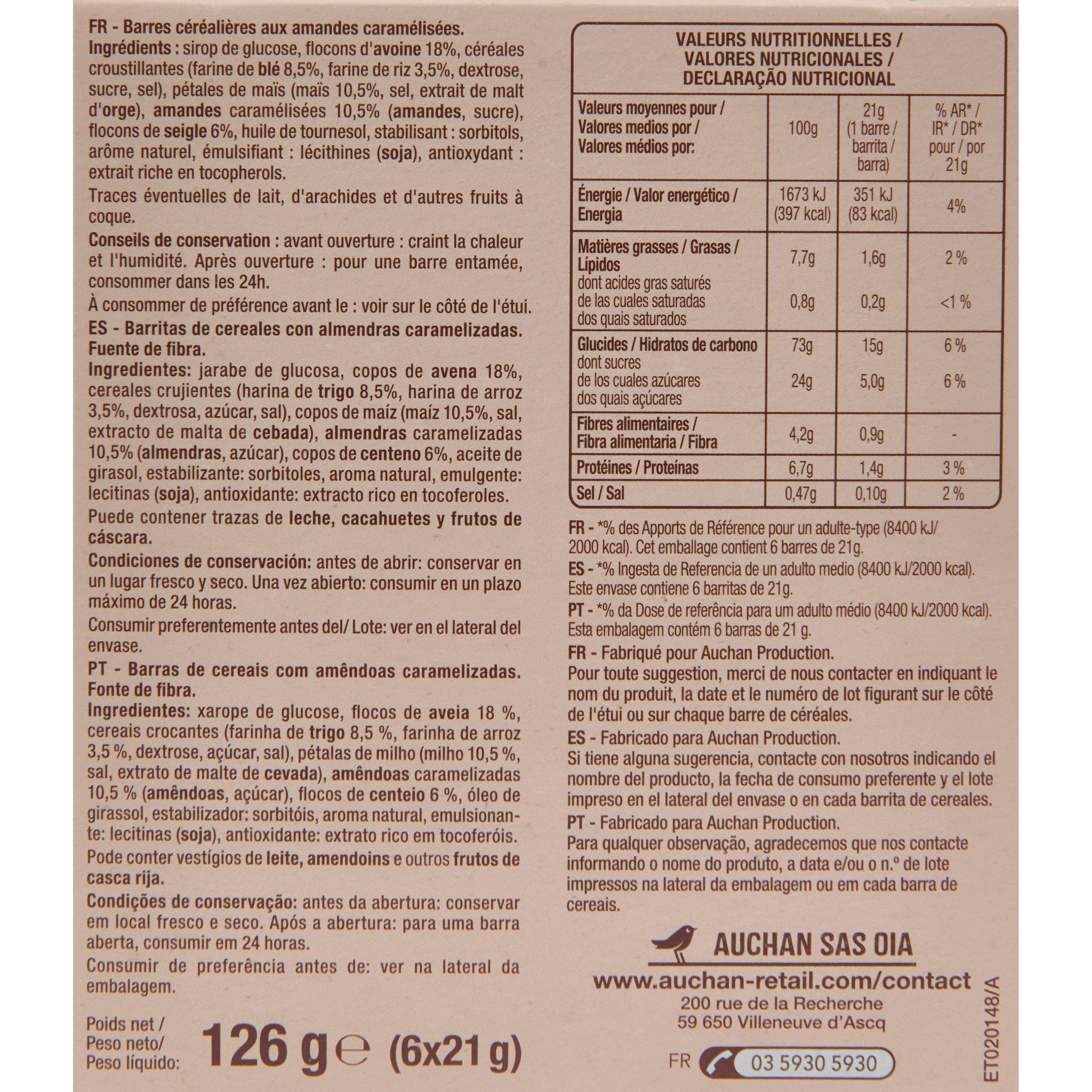 Voir la diapositive 3 : AUCHAN Crousti barres de céréales aux amandes caramélisées 6 barres 126g