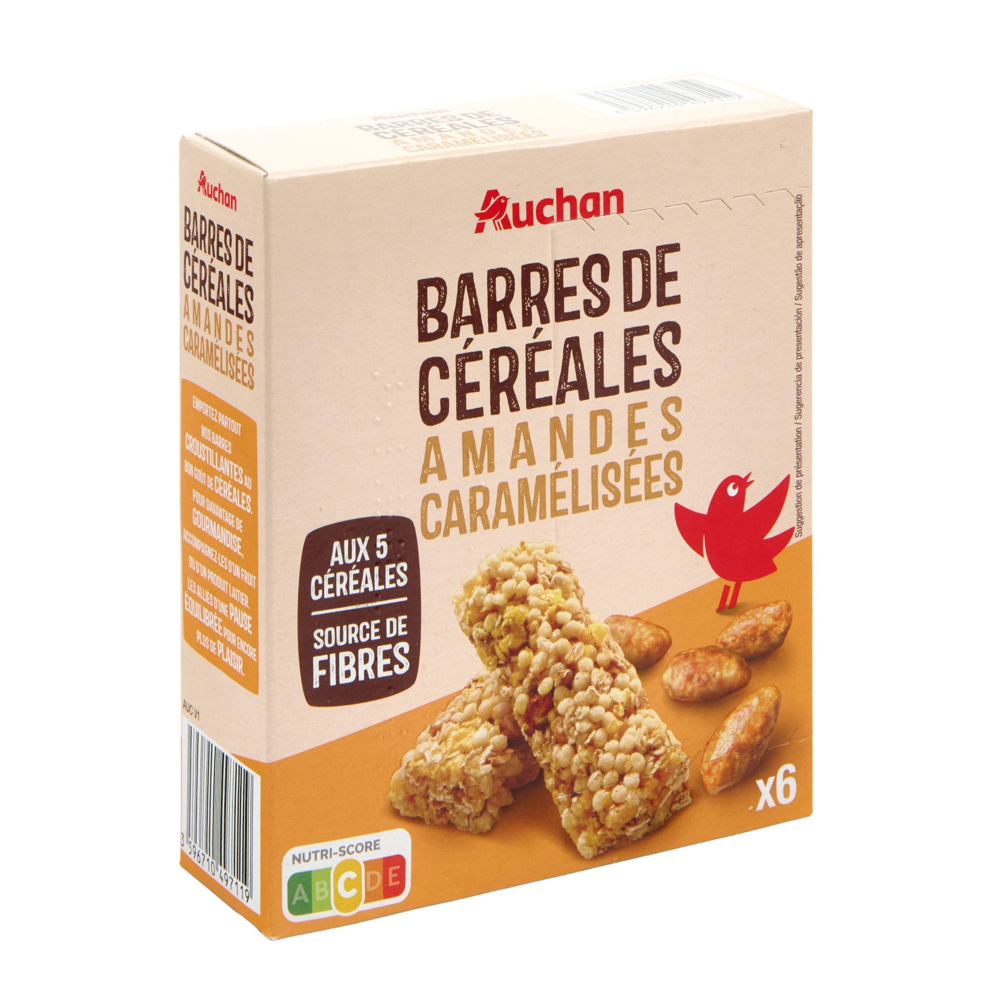 Voir la diapositive 4 : AUCHAN Crousti barres de céréales aux amandes caramélisées 6 barres 126g