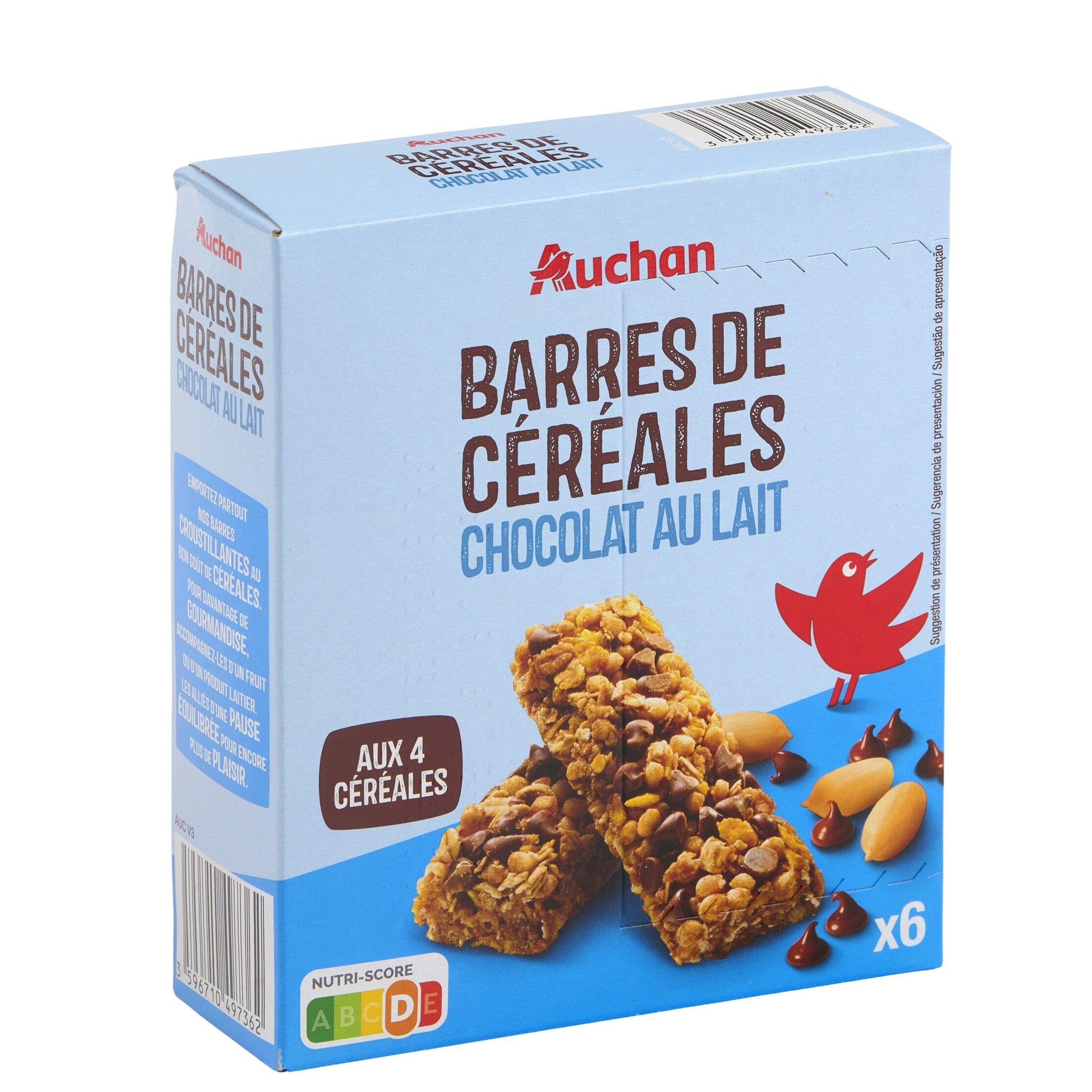 Voir la diapositive 2 : AUCHAN Barres de céréales chocolat au lait aux 4 céréales 6 barres 126g
