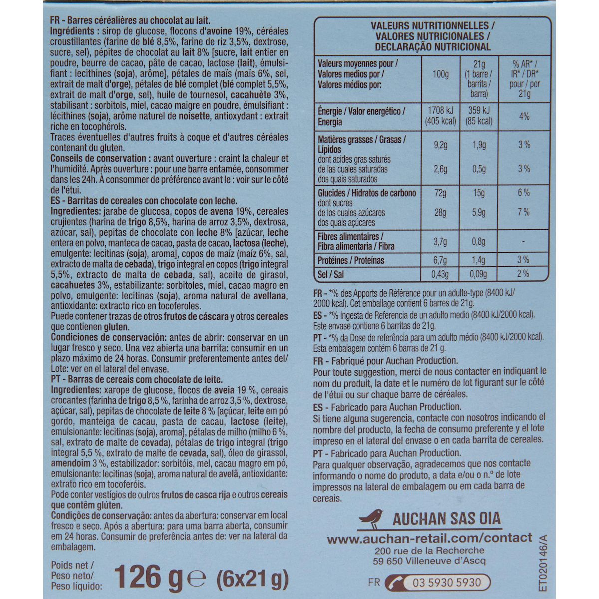 AUCHAN Barres de céréales chocolat au lait aux 4 céréales 6 barres 126g
