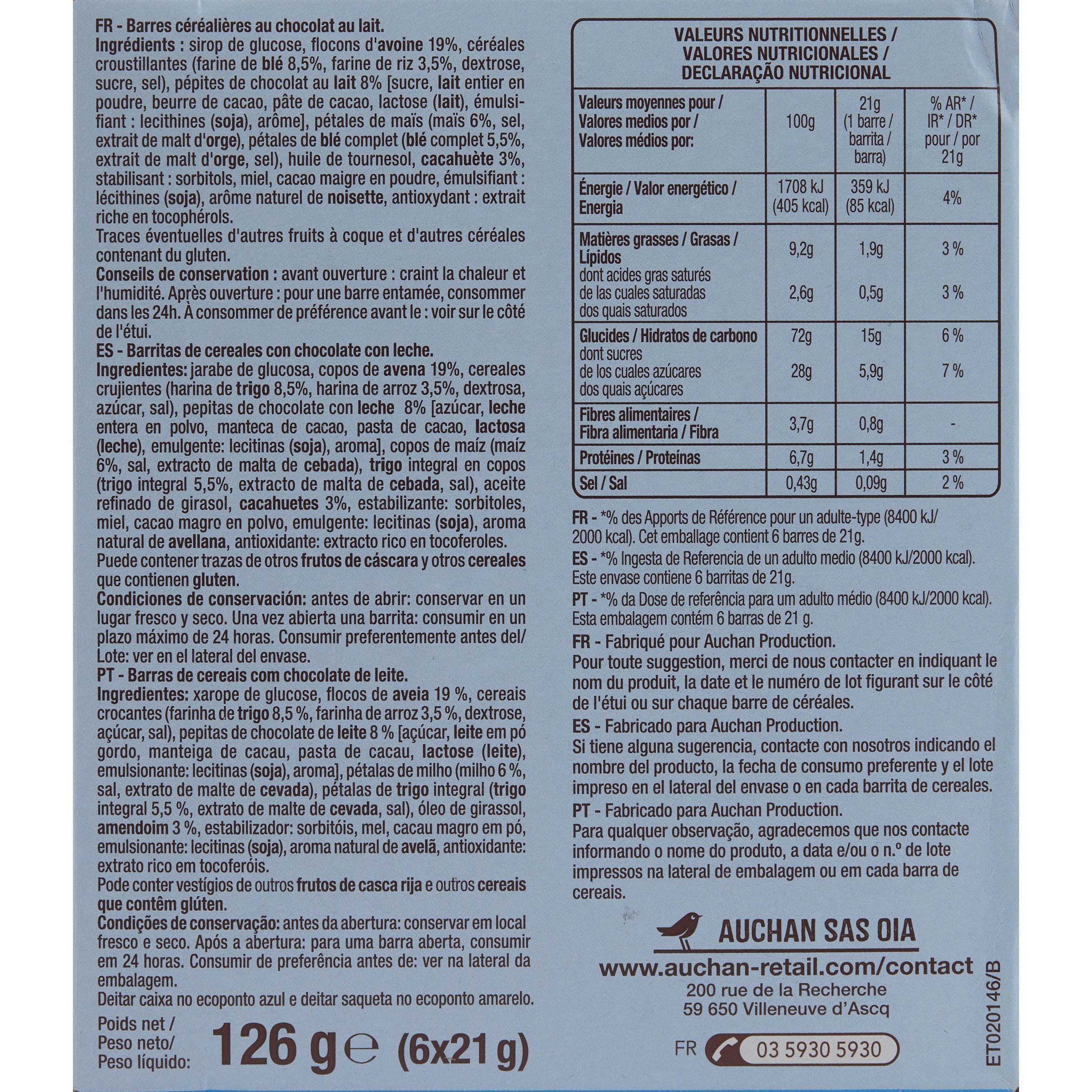 Voir la diapositive 5 : AUCHAN Barres de céréales chocolat au lait aux 4 céréales 6 barres 126g