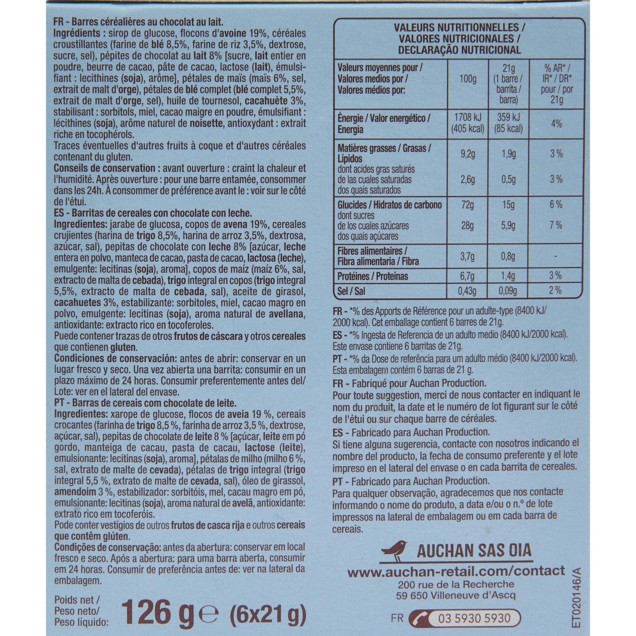 Voir la diapositive 5 : AUCHAN Barres de céréales chocolat au lait aux 4 céréales 6 barres 126g