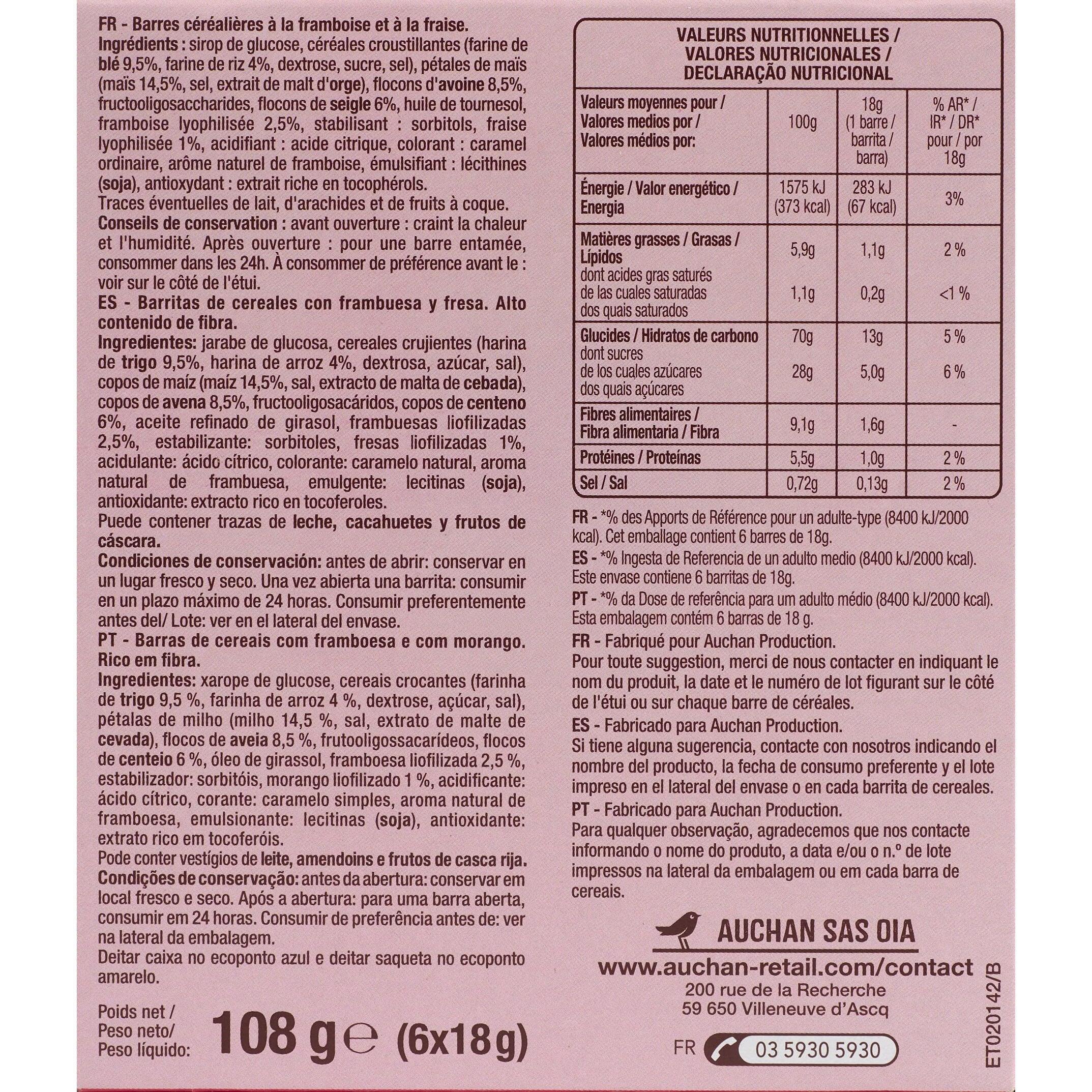 Voir la diapositive 2 : AUCHAN Crousti barres de céréales à la framboise et à la fraise 6 barres 108g