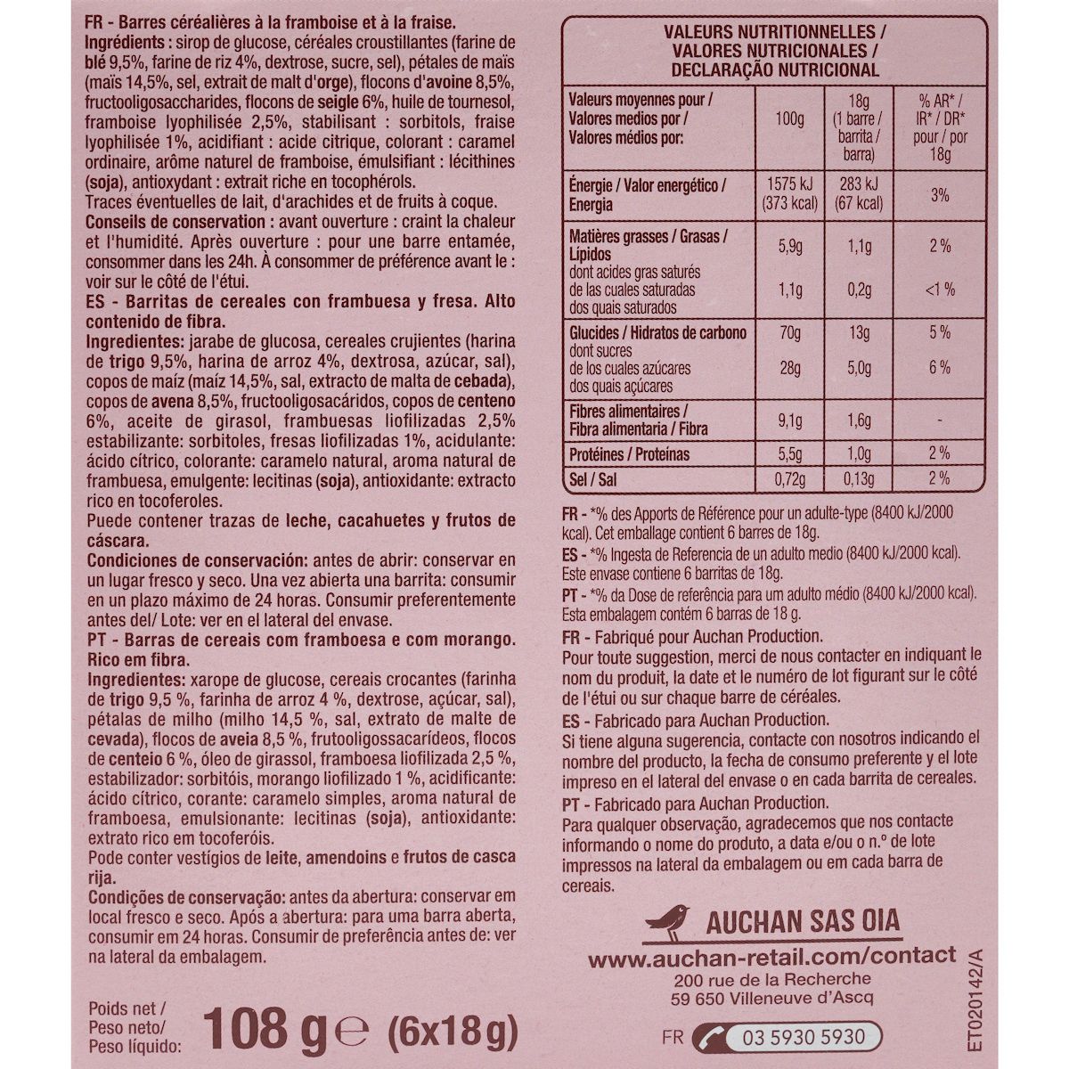 AUCHAN Crousti barres de céréales à la framboise et à la fraise 6 barres 108g