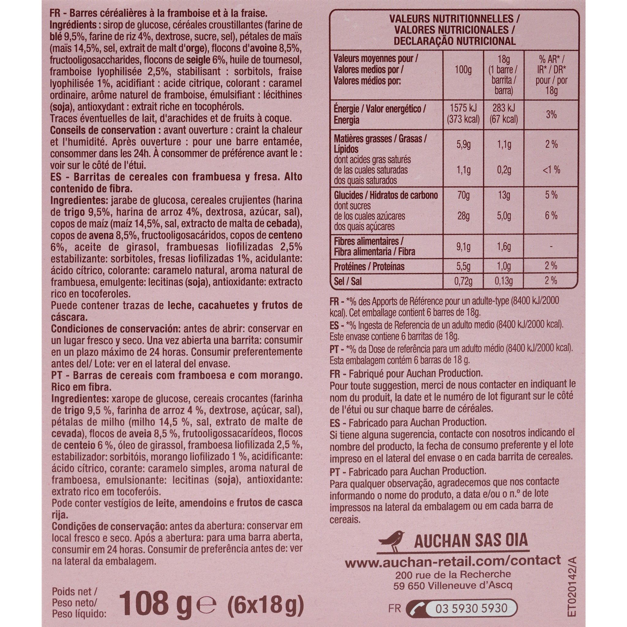 Voir la diapositive 2 : AUCHAN Crousti barres de céréales à la framboise et à la fraise 6 barres 108g