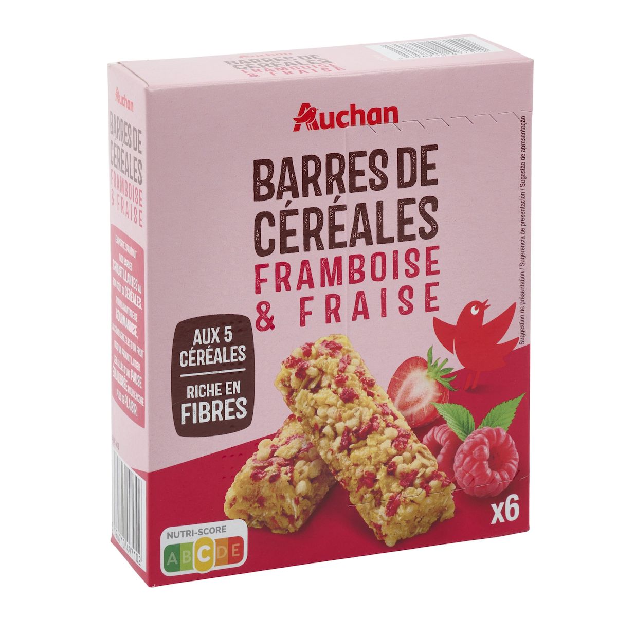 AUCHAN Crousti barres de céréales à la framboise et à la fraise 6 barres 108g