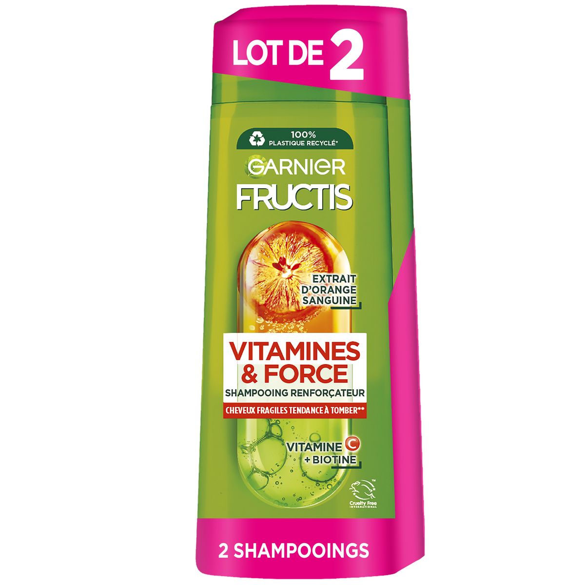FRUCTIS Vitamines et force Shampooing renforçateur à la vitamine C et biotine pour cheveux fragiles 2x250ml