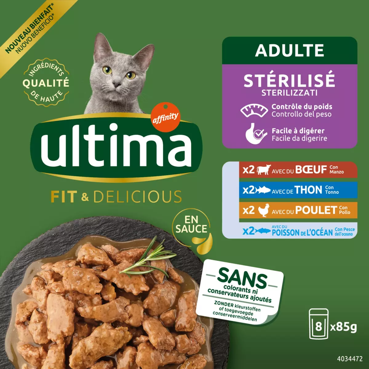 ULTIMA Fit & Delicious sachets à la viande stérilisé pour chat adulte stérilisé 8 sachets 8x85g