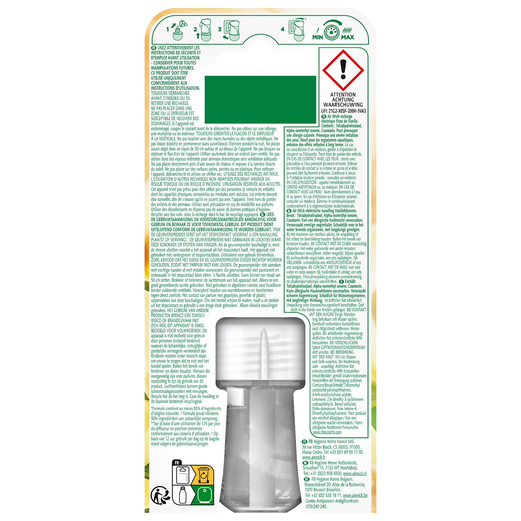 Voir la diapositive 2 : AIR WICK Recharge pour diffuseur électrique aux huiles essentielles fleur de vanille 19ml