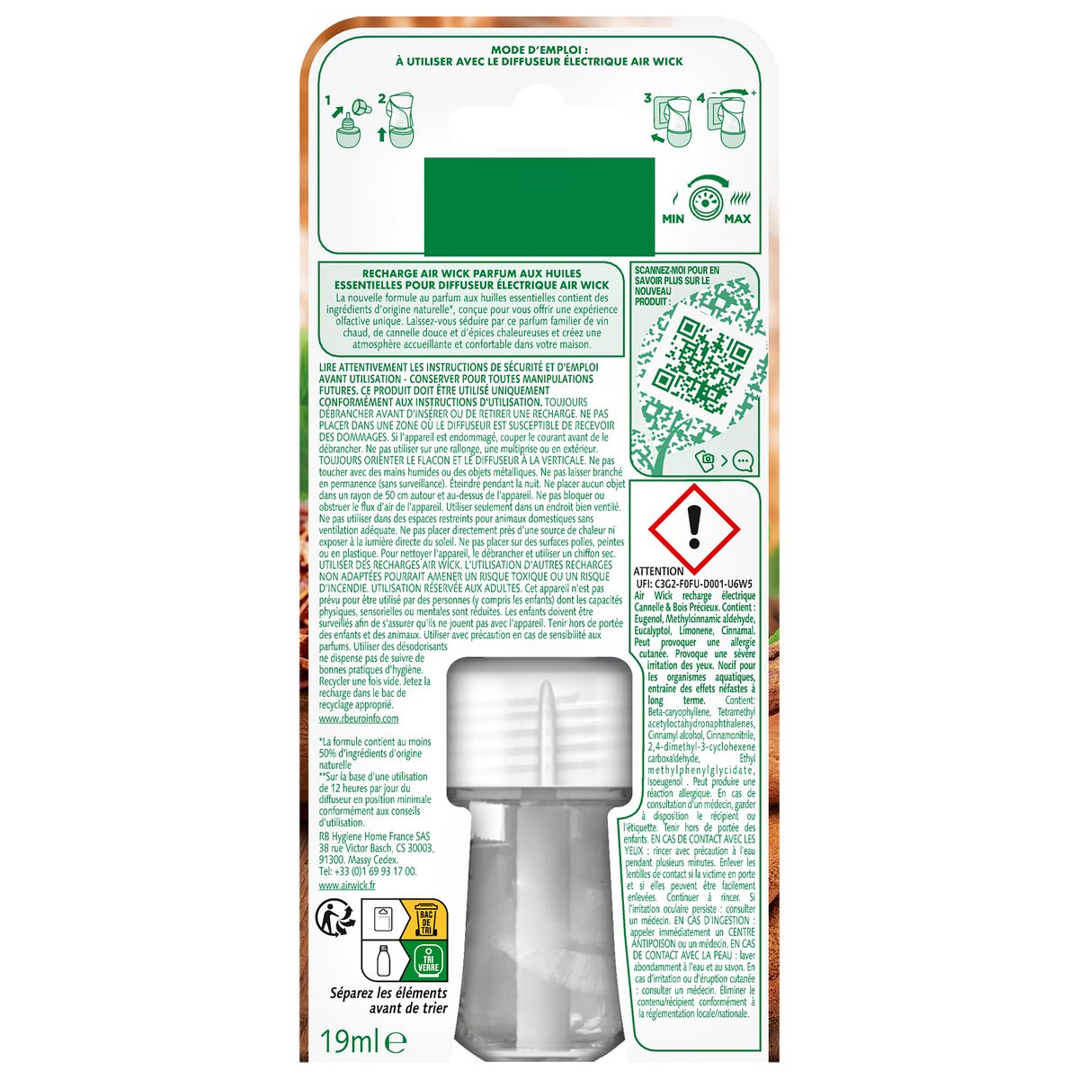 AIR WICK Recharge pour diffuseur électrique aux huiles essentielles cannelle et bois précieux 19ml