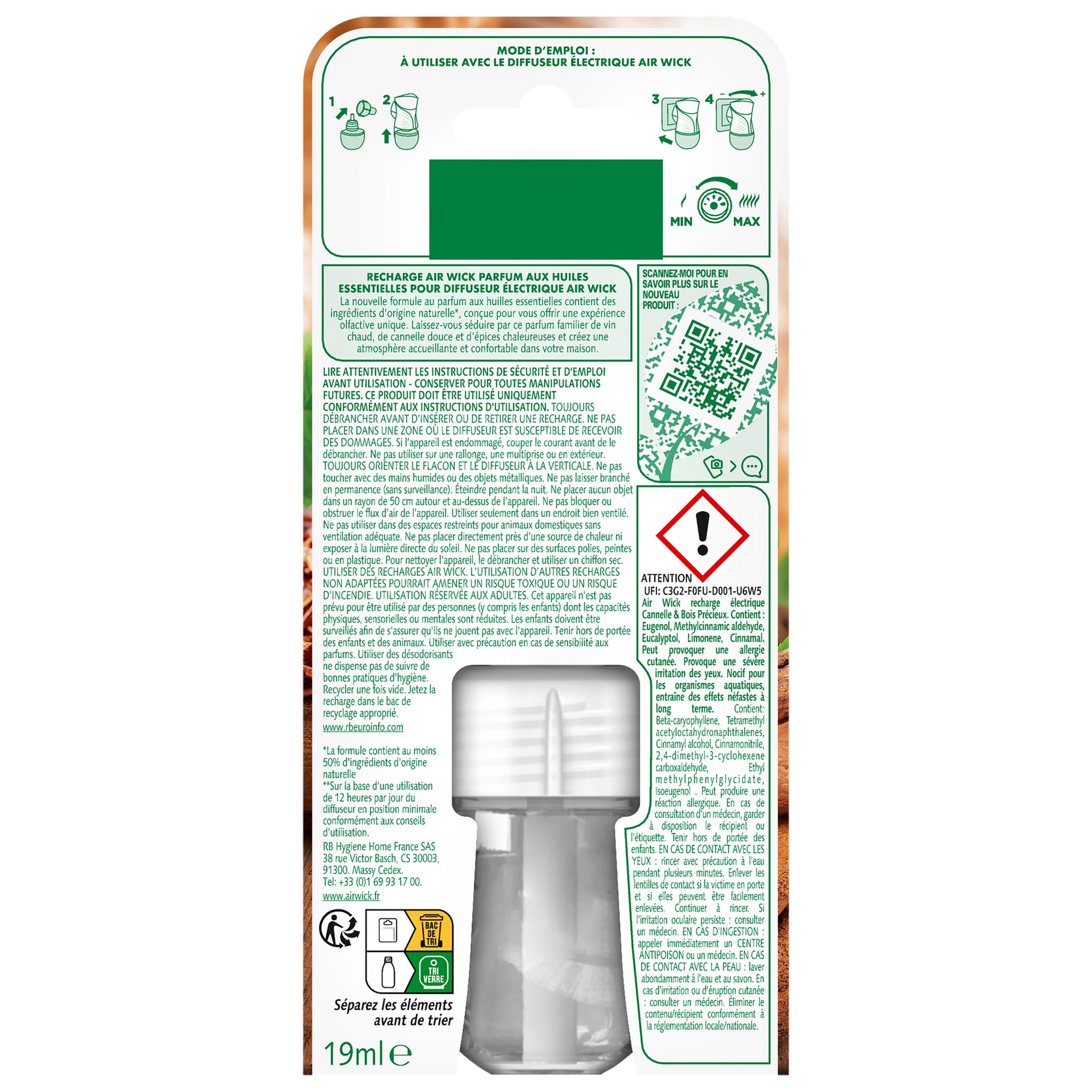 Voir la diapositive 2 : AIR WICK Recharge pour diffuseur électrique aux huiles essentielles cannelle et bois précieux 19ml