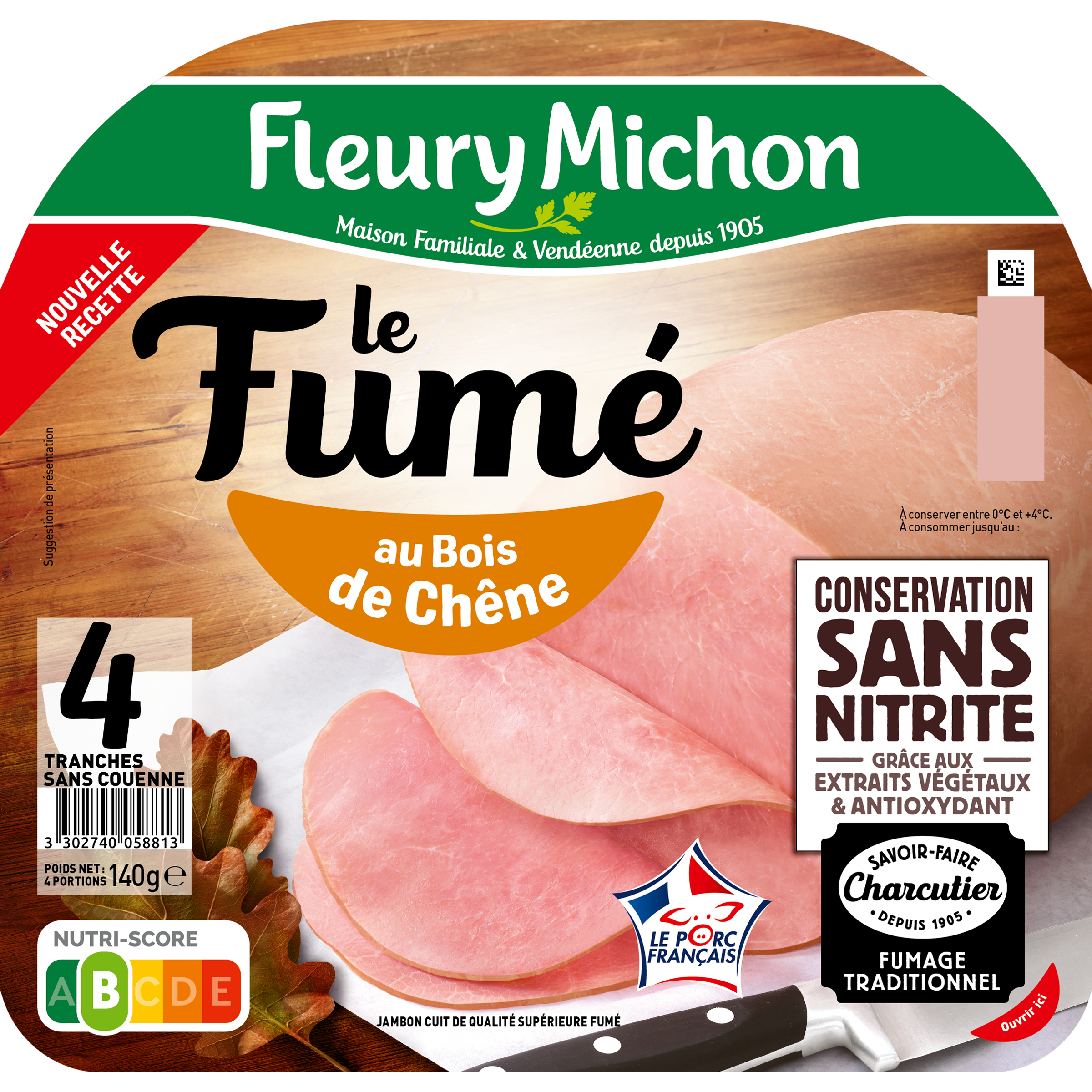 Voir la diapositive 2 : FLEURY MICHON Jambon supérieur le Fumé sans nitrite 4 tranches 140g