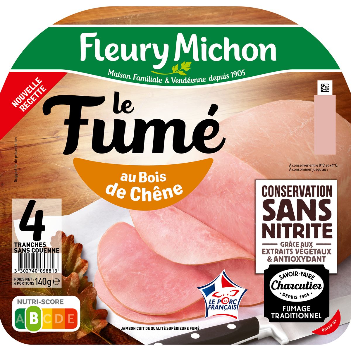 FLEURY MICHON Jambon le fumé sans nitrite 4 tranches 140g
