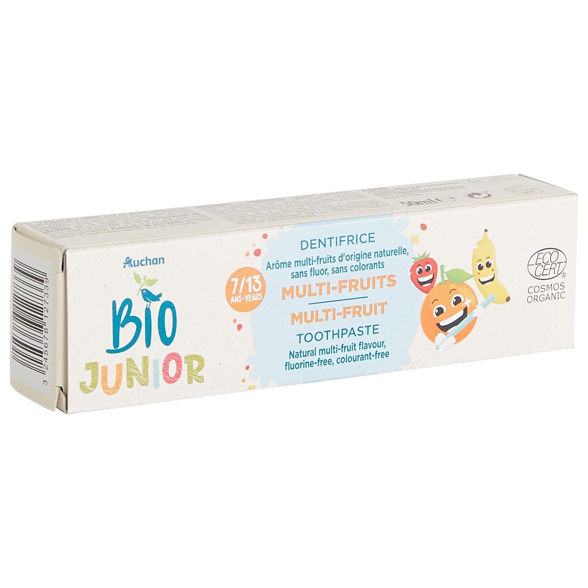 AUCHAN BIO Junior Dentifrice multi-fruits pour enfant de 7 à 13 ans 50ml