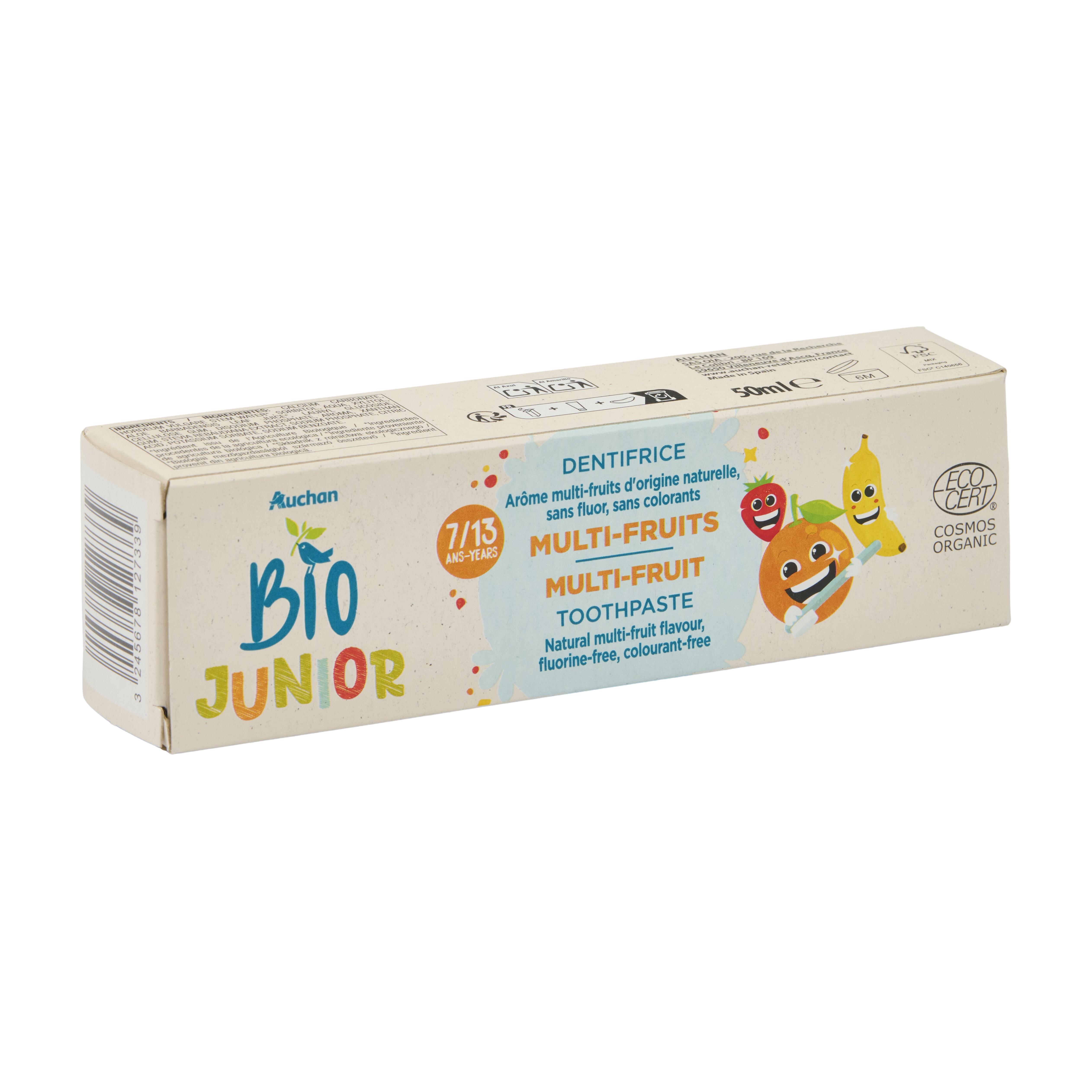 Voir la diapositive 3 : AUCHAN BIO Junior Dentifrice multi-fruits pour enfant de 7 à 13 ans 50ml