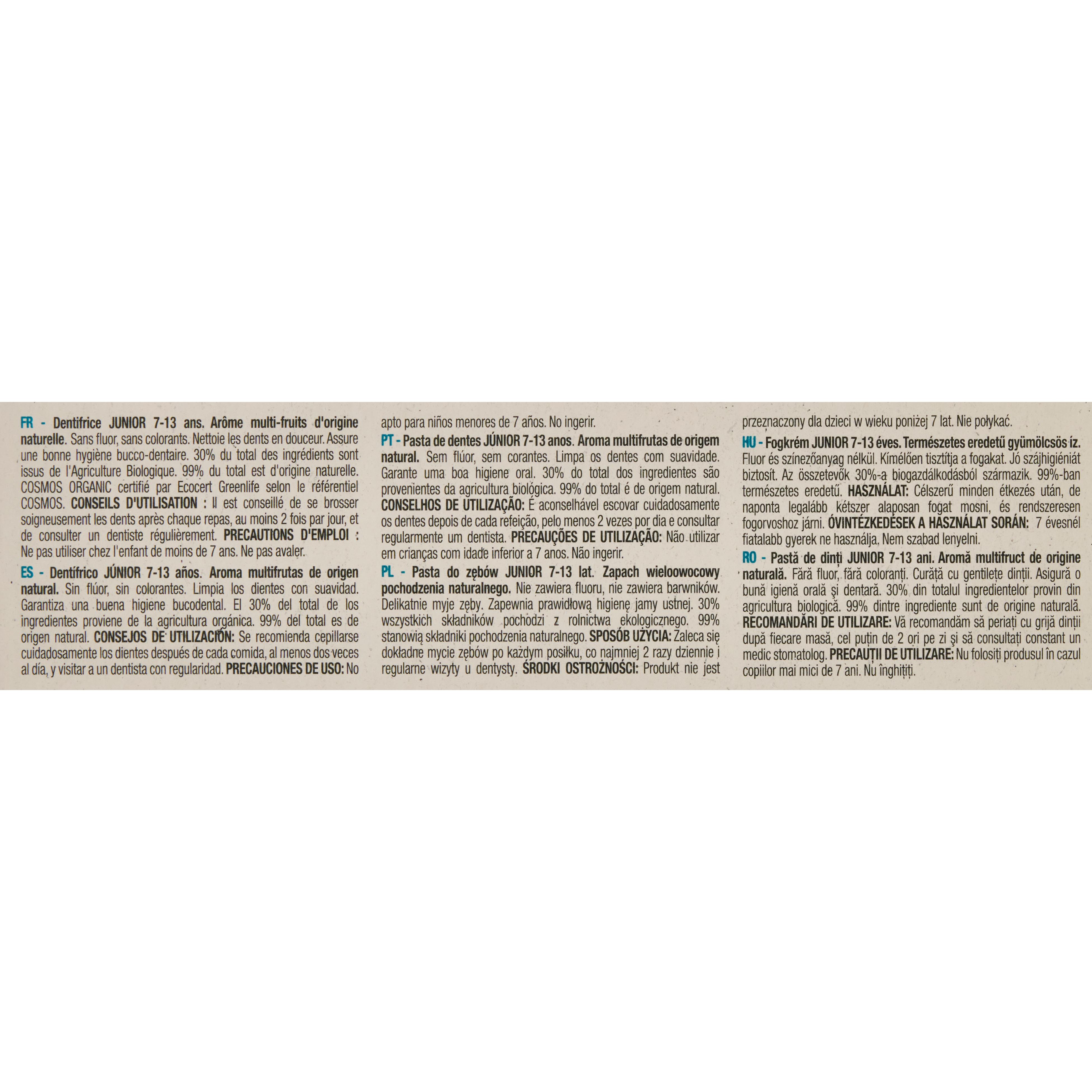 Voir la diapositive 4 : AUCHAN BIO Junior Dentifrice multi-fruits pour enfant de 7 à 13 ans 50ml