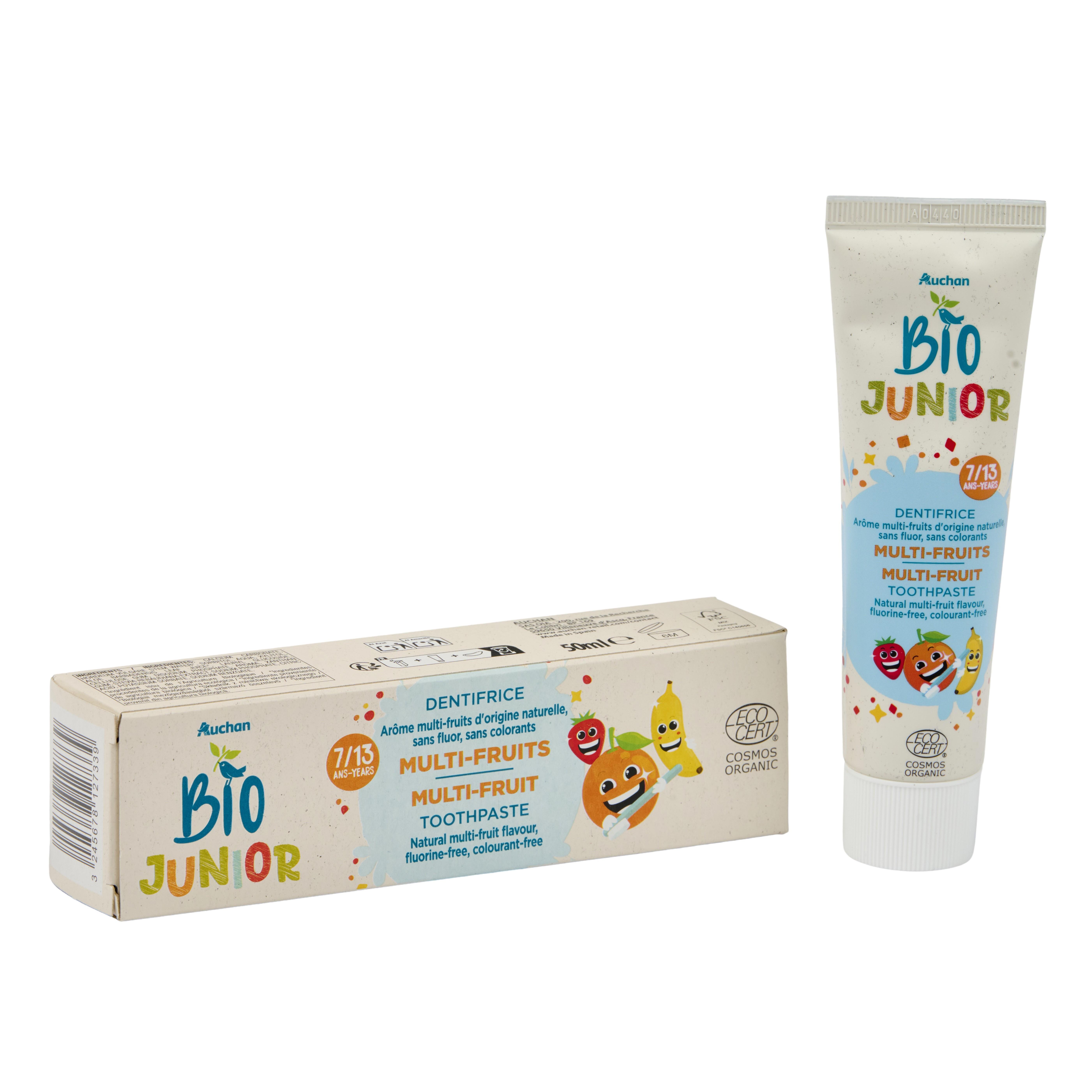 Voir la diapositive 5 : AUCHAN BIO Junior Dentifrice multi-fruits pour enfant de 7 à 13 ans 50ml