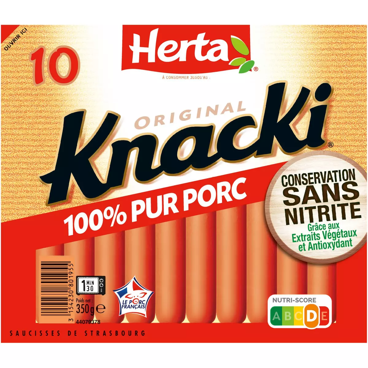 HERTA Knacki saucisse sans nitrite pur porc 10 pièces 350g