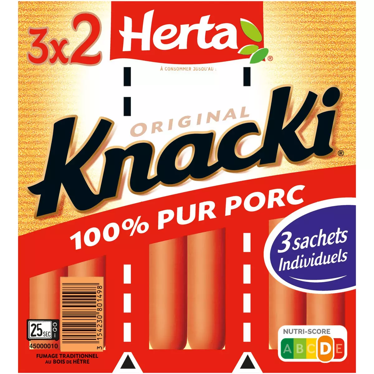 HERTA Knacki saucisse pur porc 3x2 pièces 210g