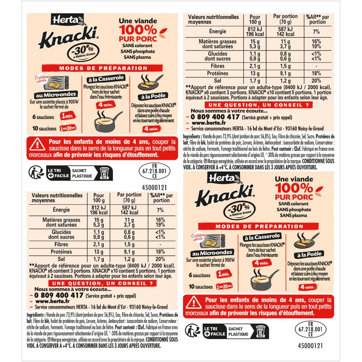 HERTA Knacki saucisse au jambon -30% de matière grasse 10 pièces 350g