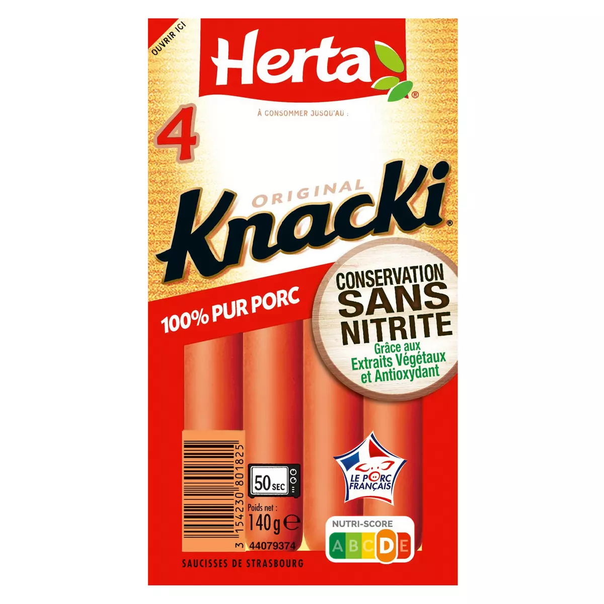 HERTA Knacki saucisse sans nitrite pur porc 4 pièces 140g
