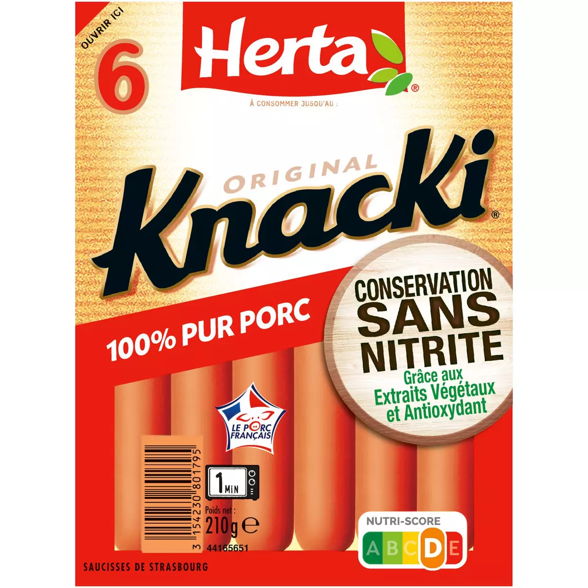 HERTA Knacki saucisse sans nitrite pur porc 6 pièces 210g
