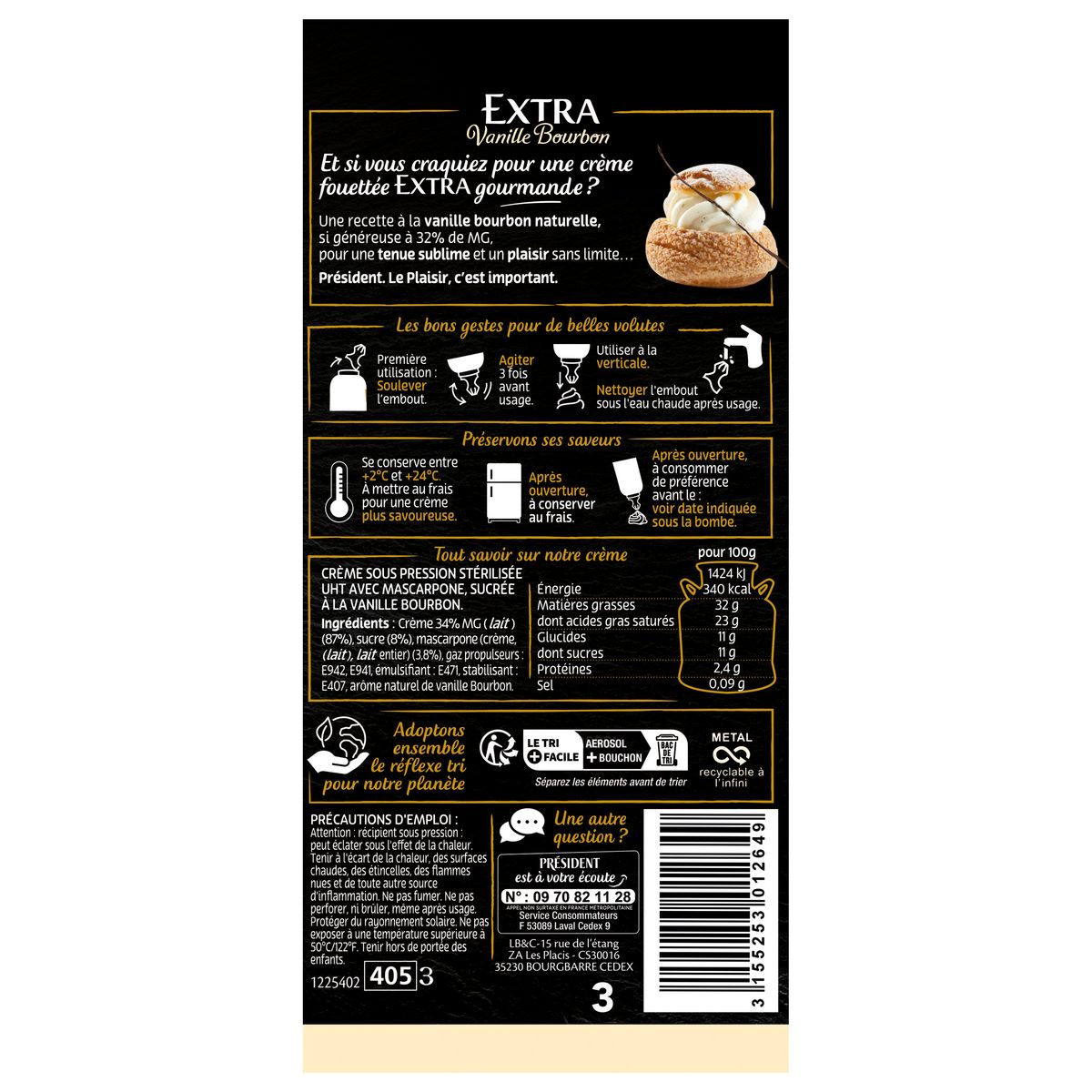 PRESIDENT Extra - Crème fouettée à la vanille bourbon 250ml