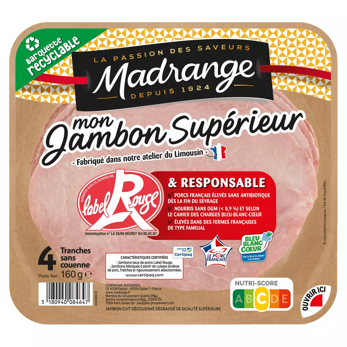 MADRANGE Jambon supérieur sans couenne Label Rouge 4 tranches 160g