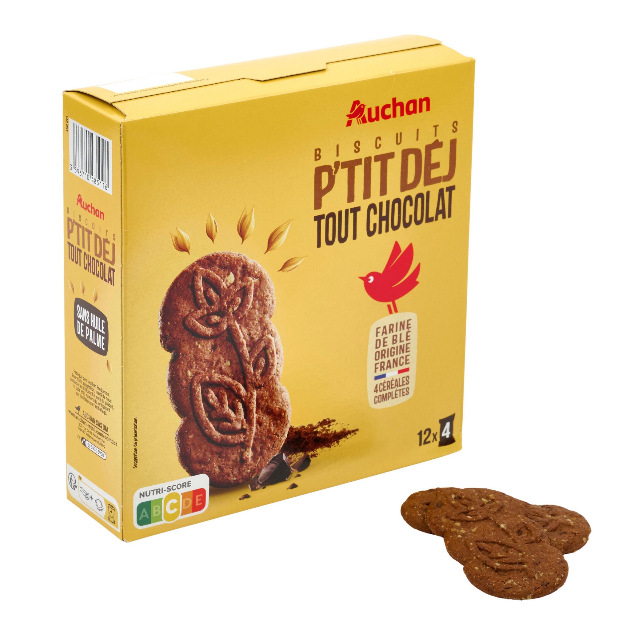 Voir la diapositive 2 : AUCHAN Biscuits p'tit déj tout chocolat 12x4 biscuits 600g