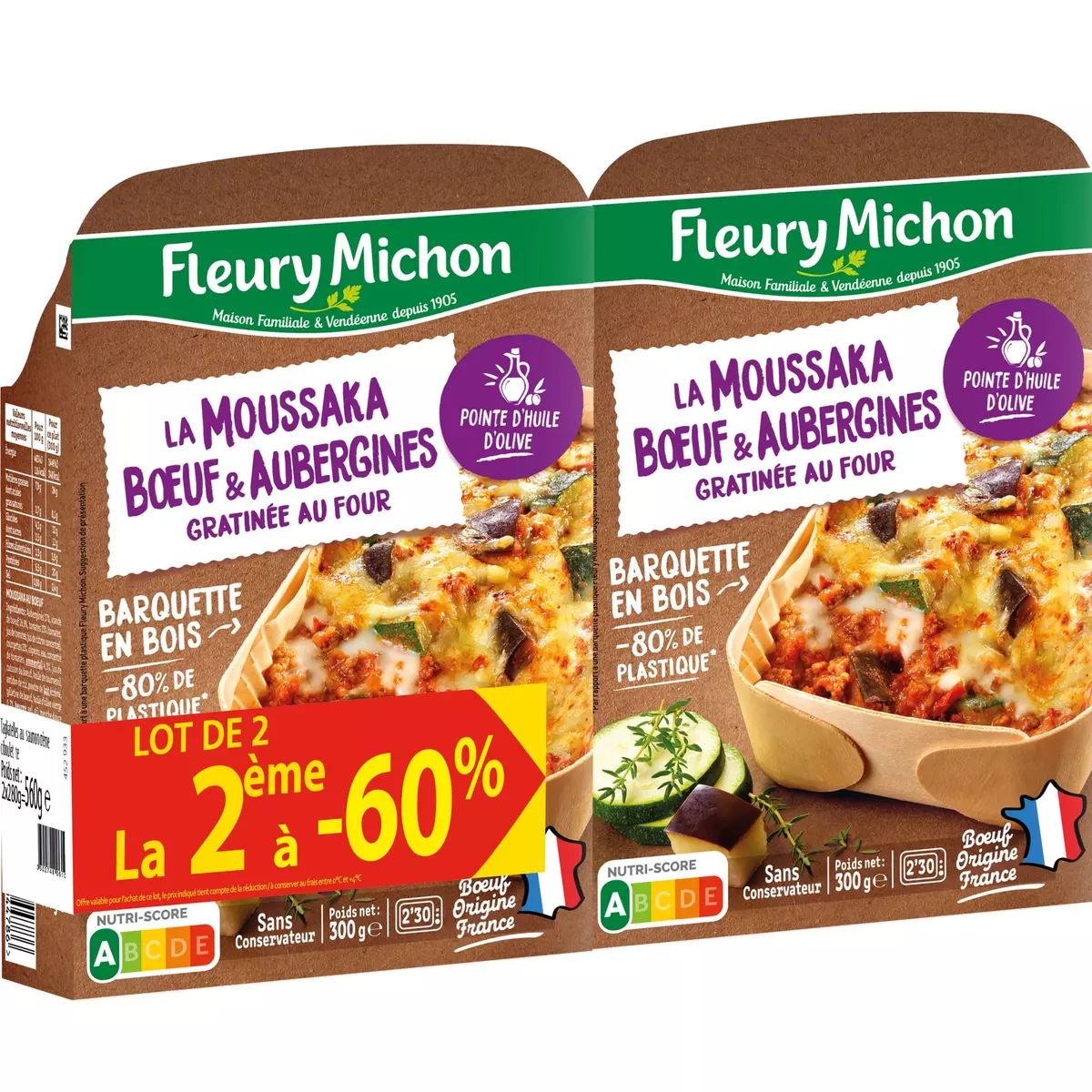 FLEURY MICHON La moussaka bœuf aubergines -60% sur le 2ème 2x300g