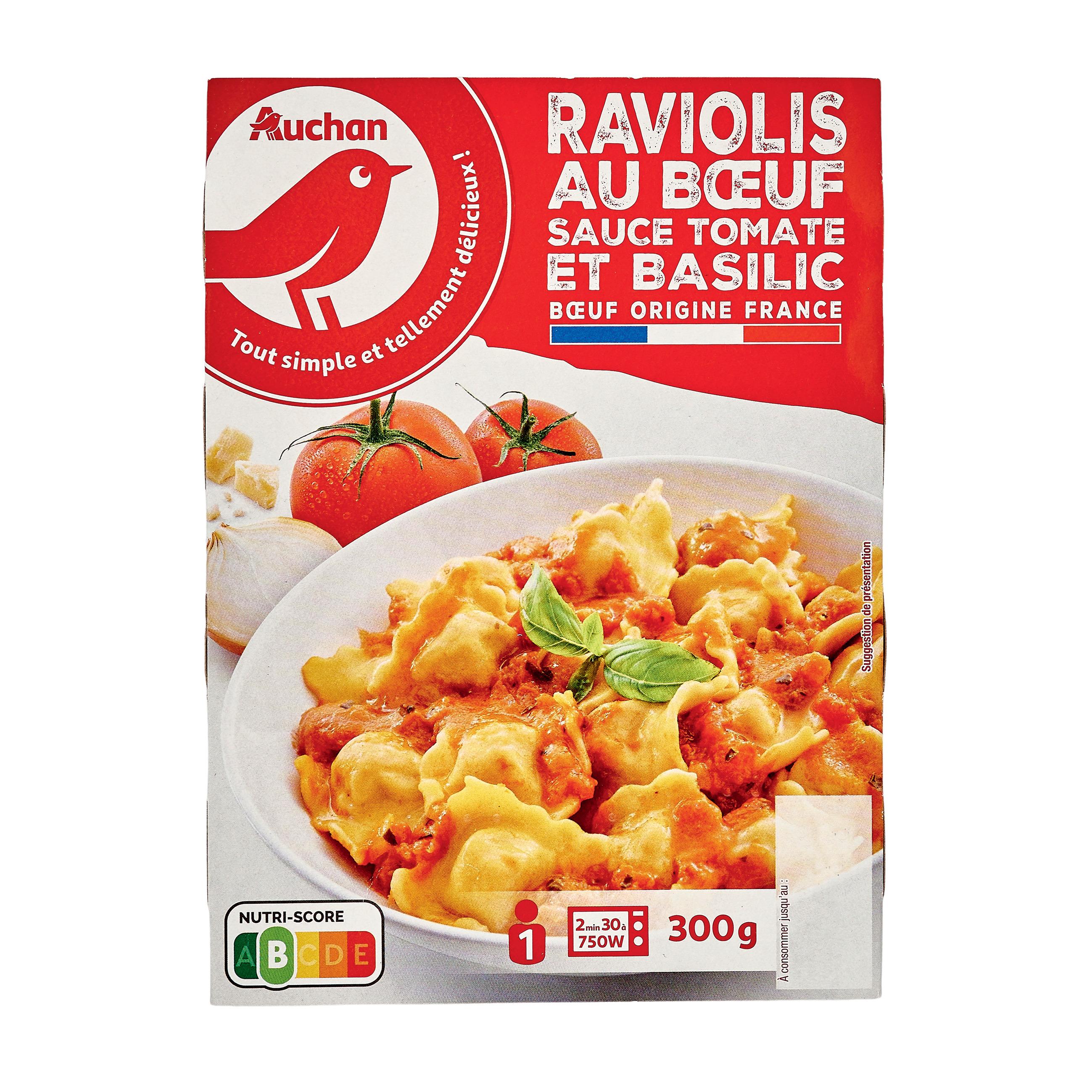 Voir la diapositive 2 : AUCHAN Raviolis au boeuf sauce tomate et basilic 1 part 300g