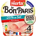 HERTA Le Bon Paris Jambon cuit au torchon réduit en sel sans nitrite sans couenne 4 tranches 140g