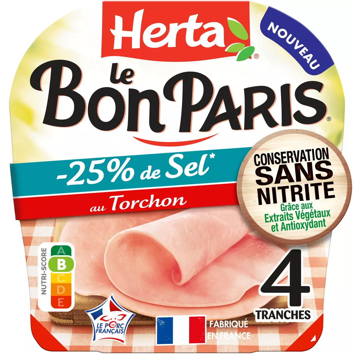HERTA Le Bon Paris Jambon cuit au torchon réduit en sel sans nitrite 4 tranches 140g