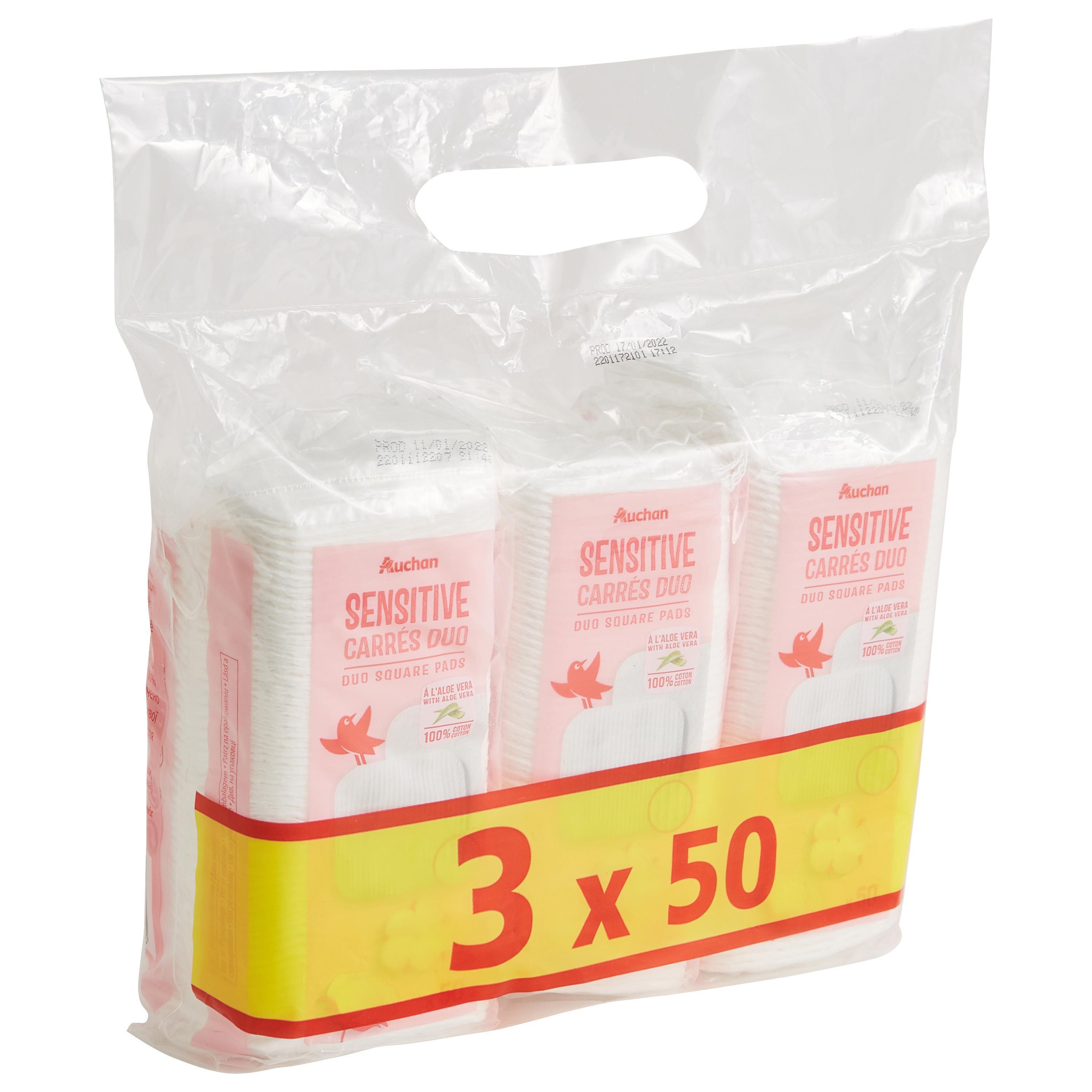 Voir la diapositive 2 : AUCHAN Sensitive cotons carrés à démaquiller 3x50 cotons