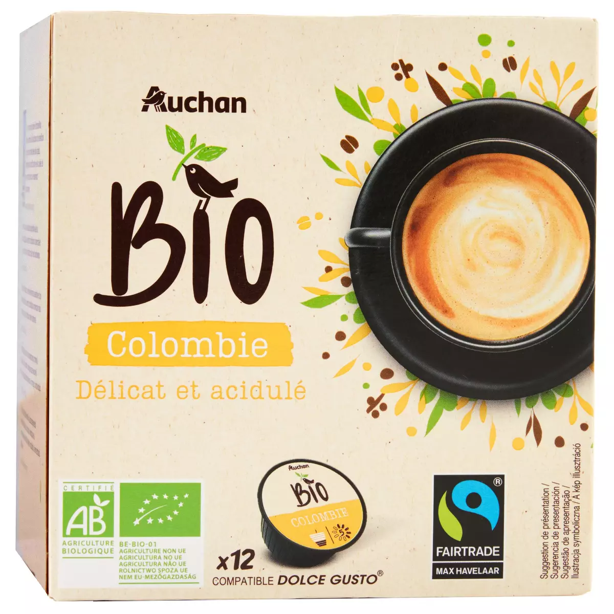AUCHAN BIO Café en capsules Colombie délicat et acidulé compatibles Dolce Gusto 12 capsules 84g