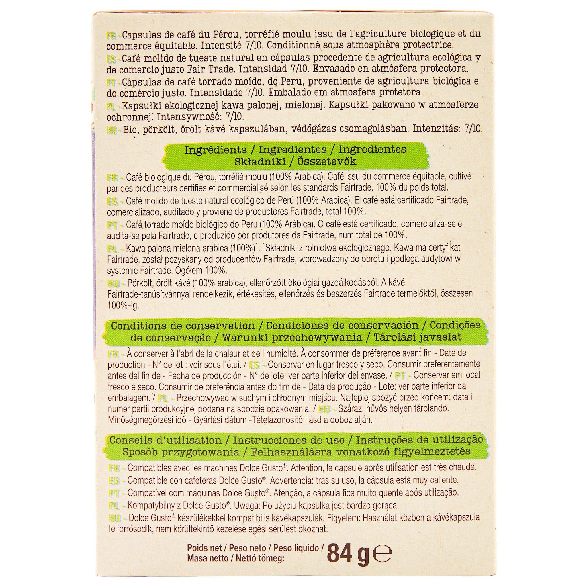 Voir la diapositive 2 : AUCHAN BIO Capsules de café Espresso Pérou rond et fruité compatibles Dolce Gusto 12 capsules 84g