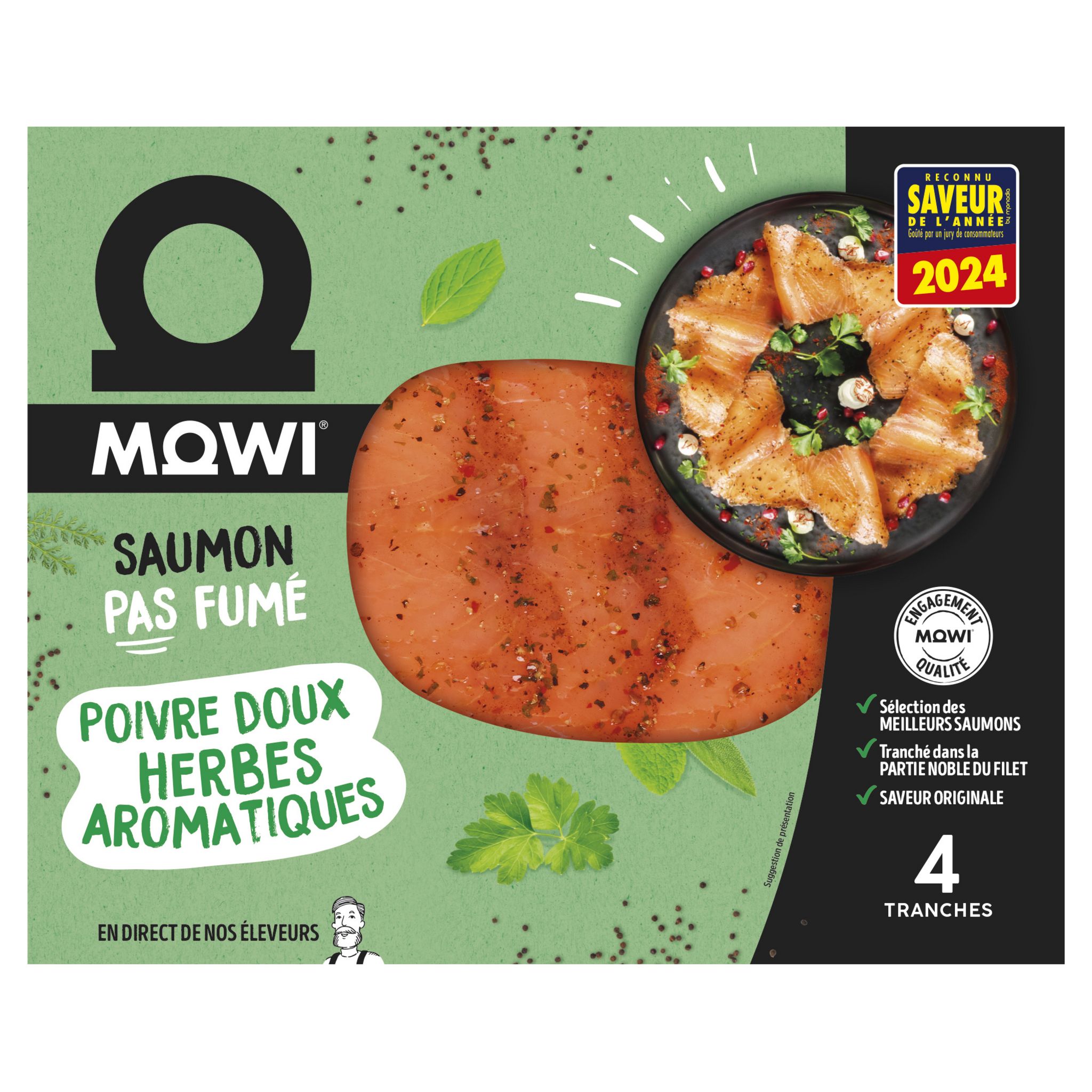 MOWI Saumon pas fumé poivre doux et herbes aromatiques 4 tranches 100g