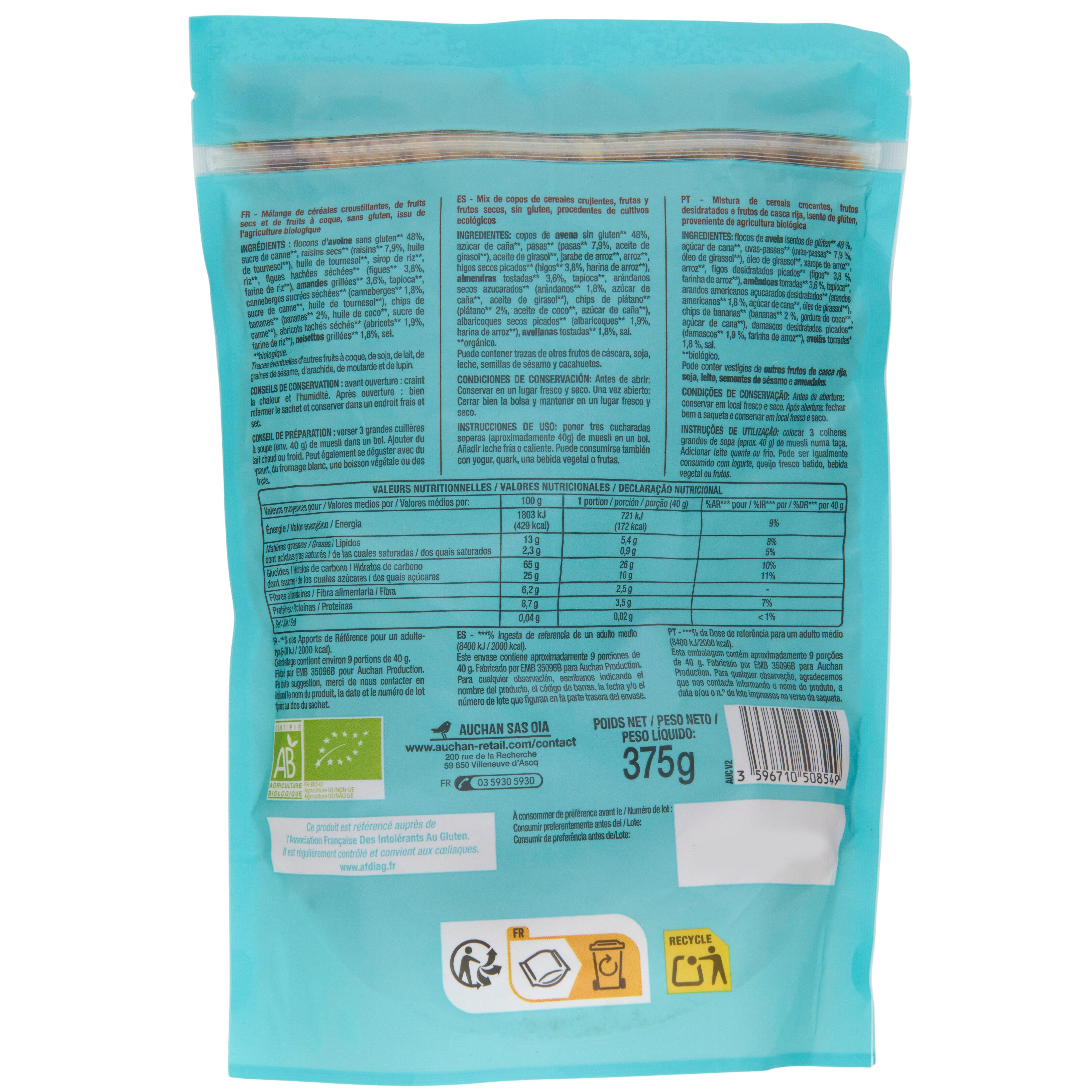 Voir la diapositive 2 : AUCHAN Muesli croustillant fruits secs sans gluten 375g