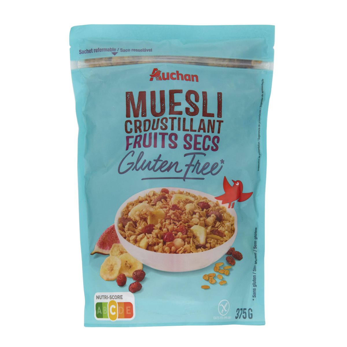 AUCHAN Muesli croustillant fruits secs sans gluten 375g