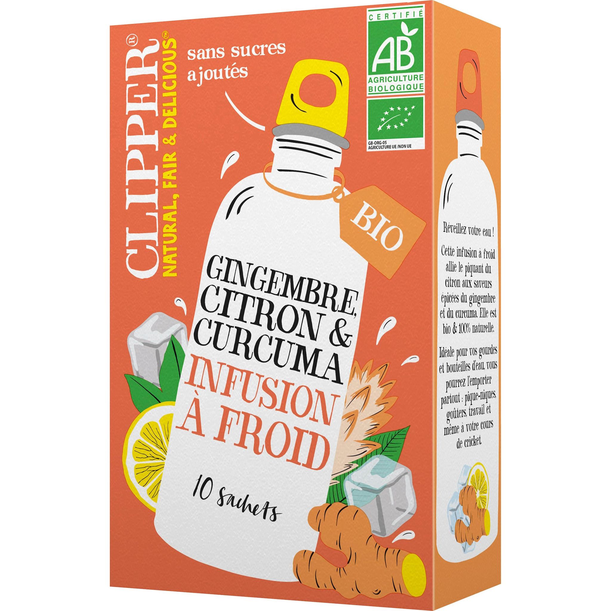 Voir la diapositive 2 : CLIPPER Infusion à froid au gingembre citron et curcuma bio 10 sachets 27g