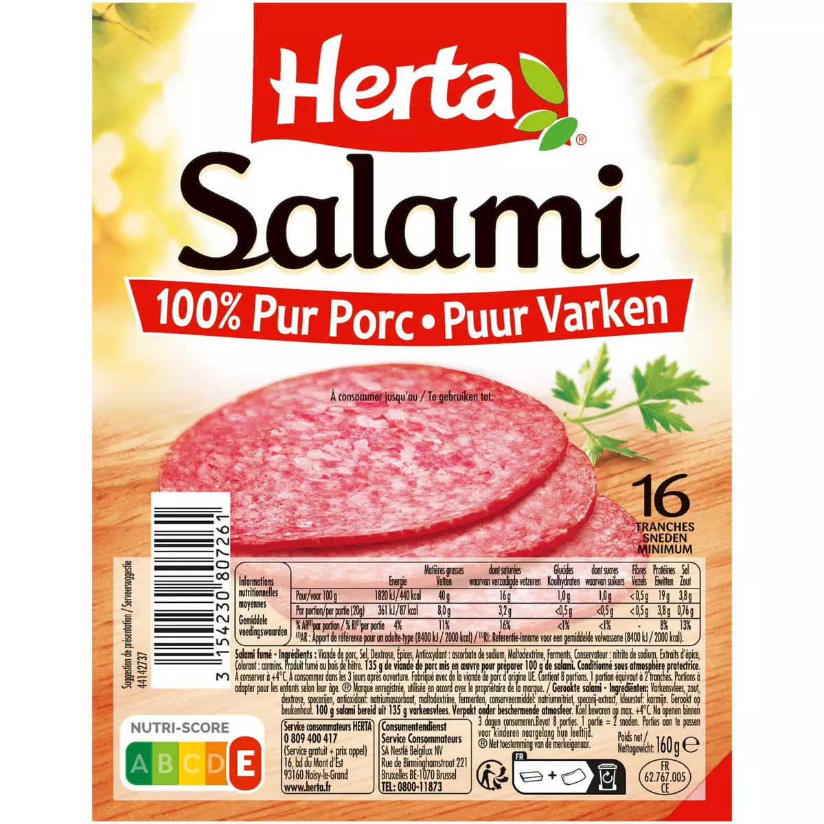 HERTA Salami pur porc 16 tranches 160g