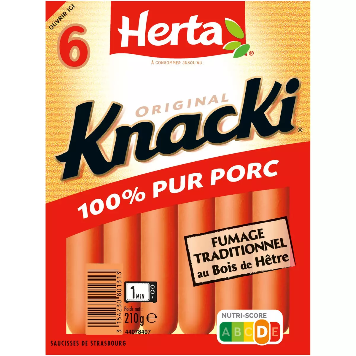 HERTA Knacki 100% pur porc fumage traditionnel au bois de hêtre 6 pièces 210g