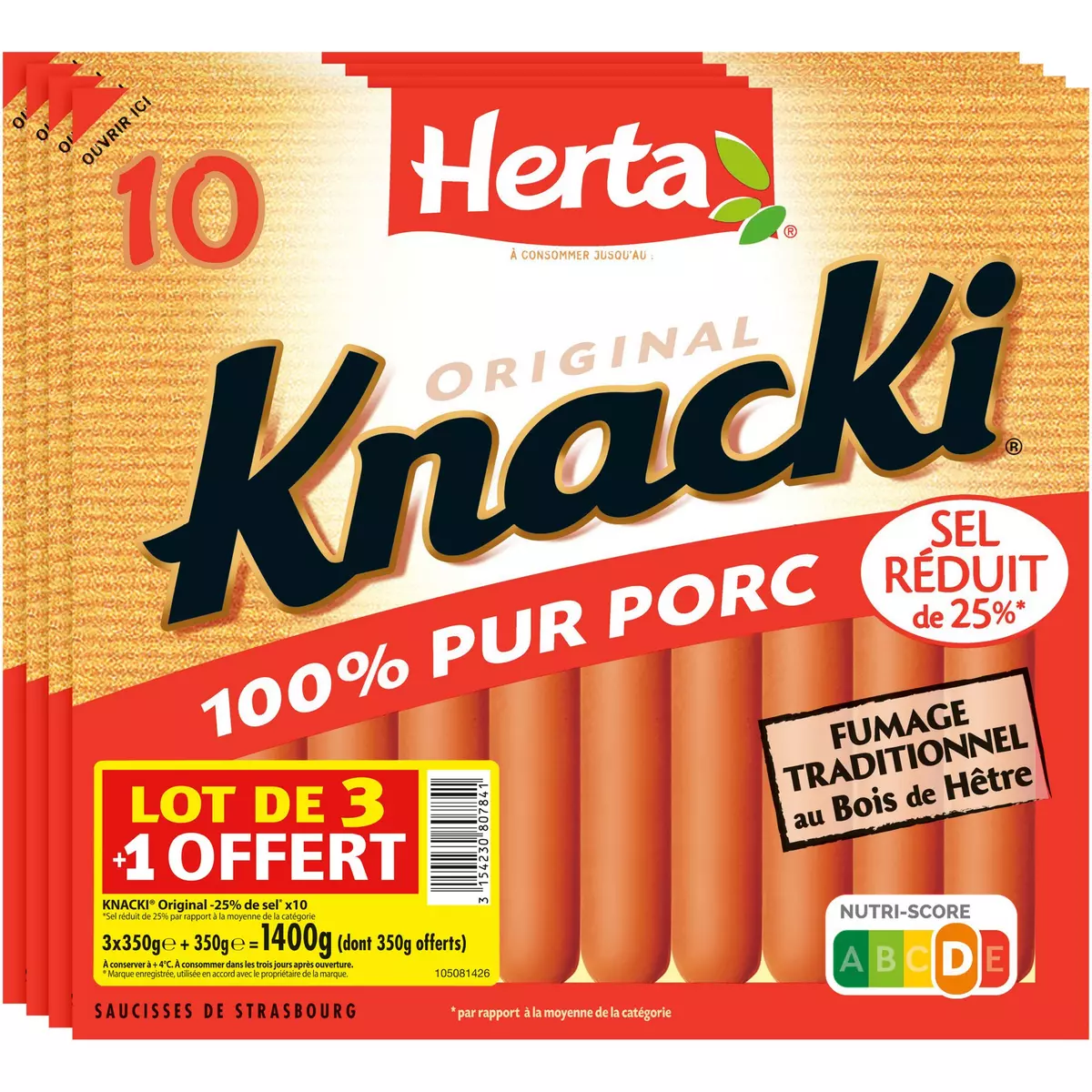 HERTA Knacki pur porc fumé au bois de hêtre réduit en sel 3x10 saucisses + 10 offertes 3x350g + 350g offerts