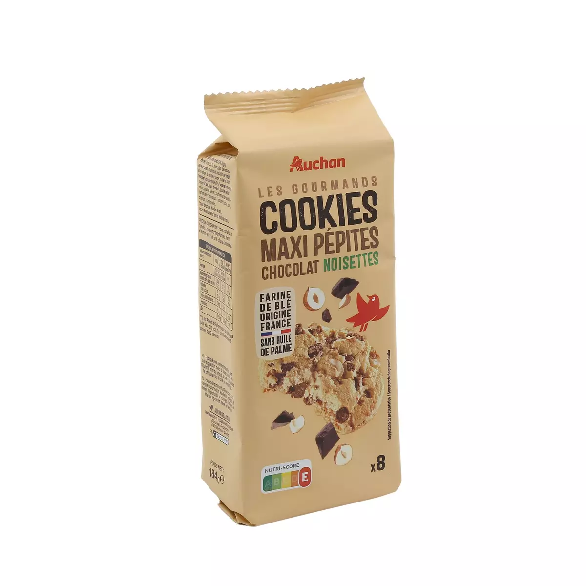 AUCHAN Les Gourmands Cookies maxi pépites chocolat noisettes 8 cookies 184g